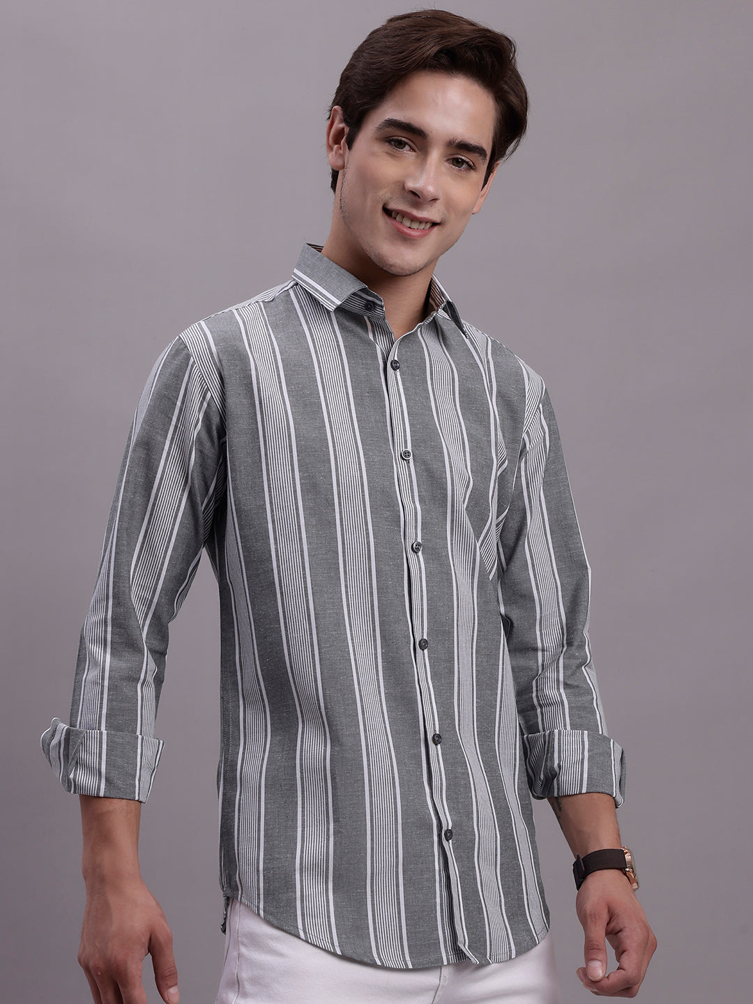 Jainish Men's Striped Casual Shirt - Grey