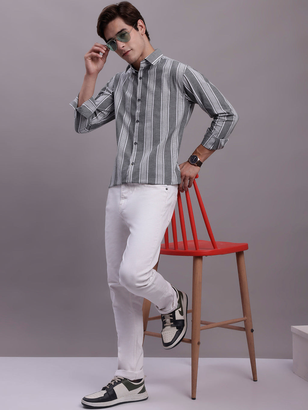 Jainish Men's Striped Casual Shirt - Grey