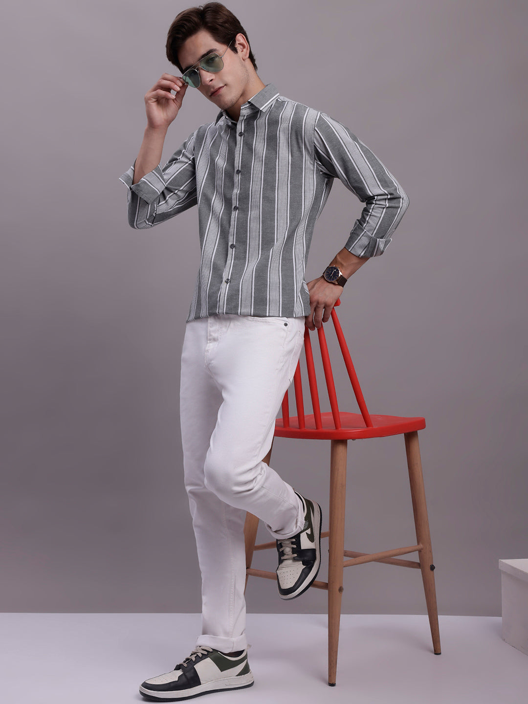Jainish Men's Striped Casual Shirt - Grey