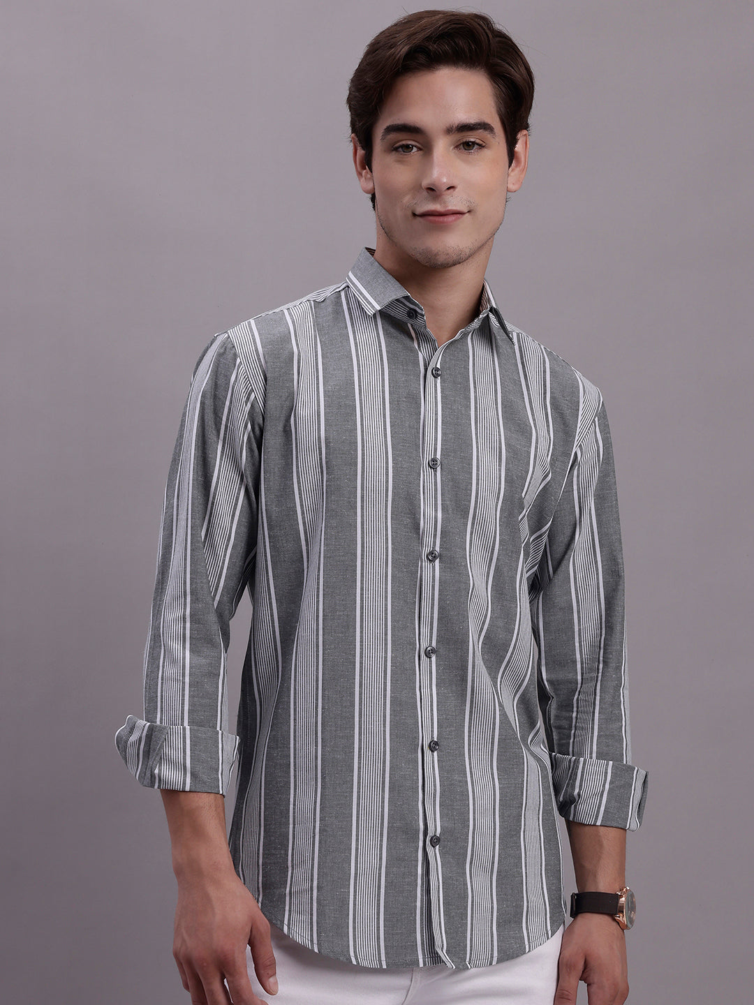 Jainish Men's Striped Casual Shirt - Grey