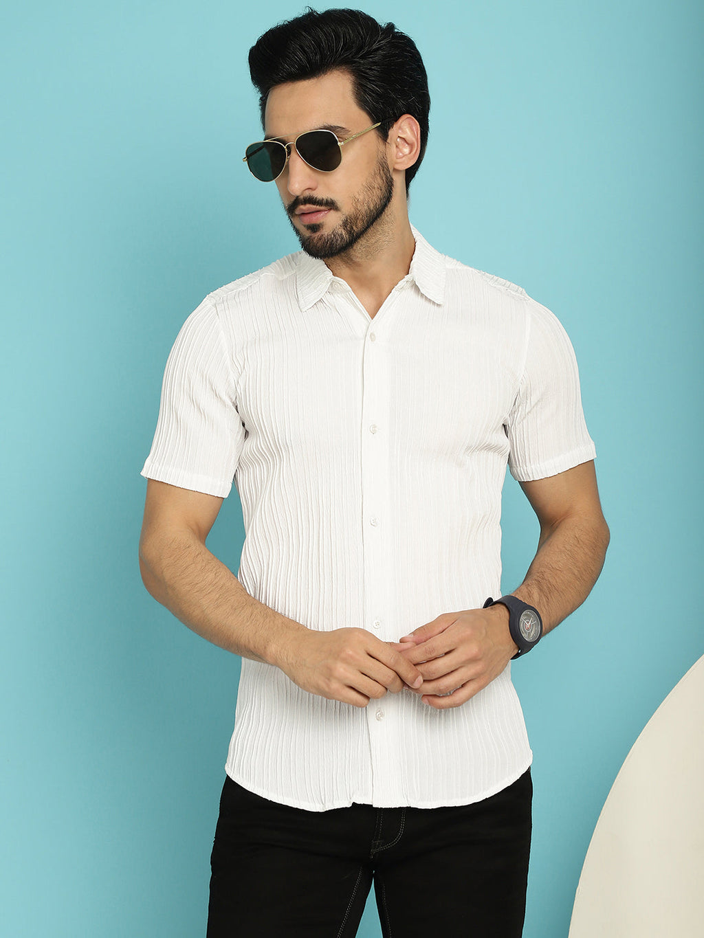 Indian Needle Men's Striped Casual Shirt - White