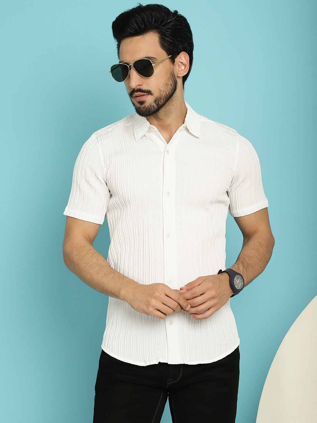 Indian Needle Men's Striped Casual Shirt - White