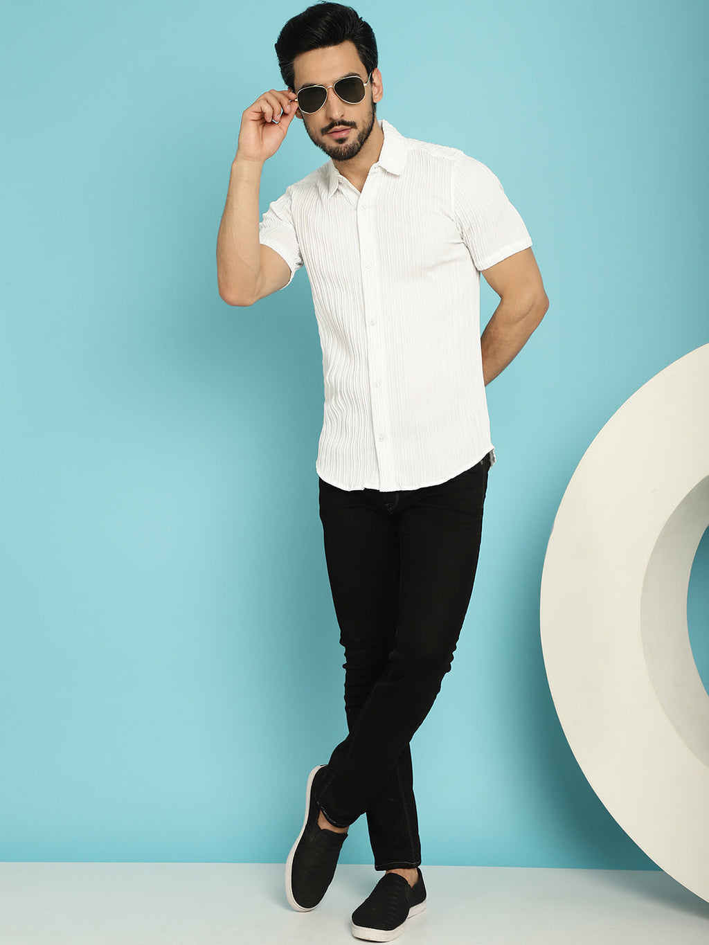 Indian Needle Men's Striped Casual Shirt - White