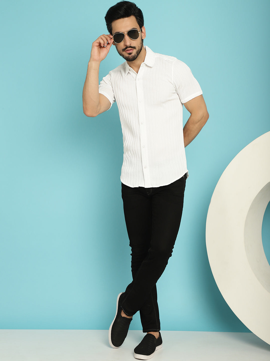 Indian Needle Men's Striped Casual Shirt - White