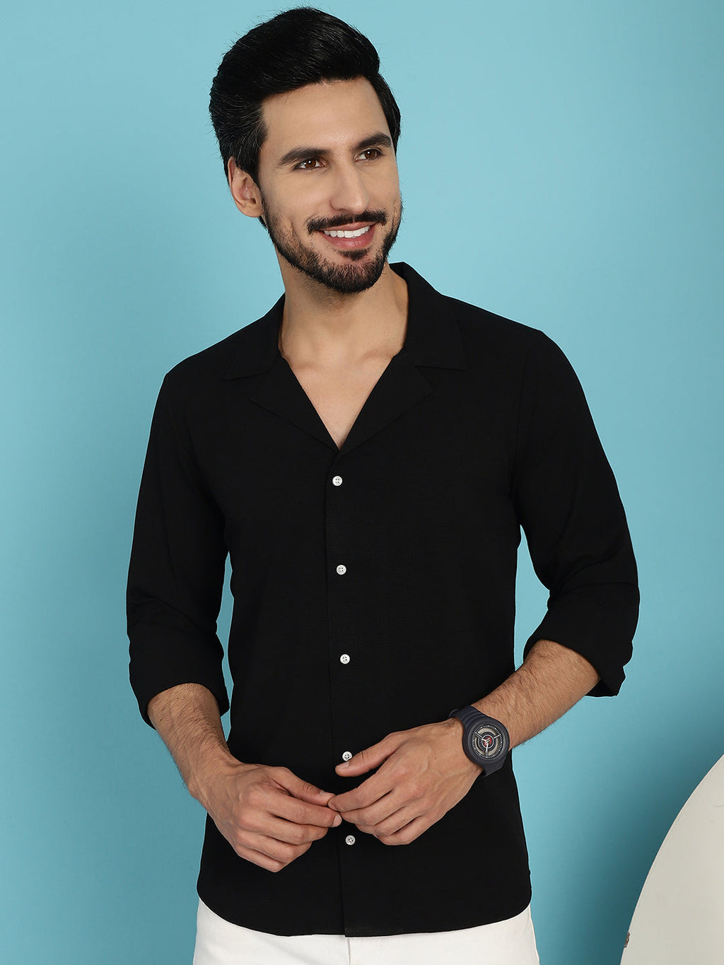 Indian Needle Men's Lapel Collar Casual Shirt - Black