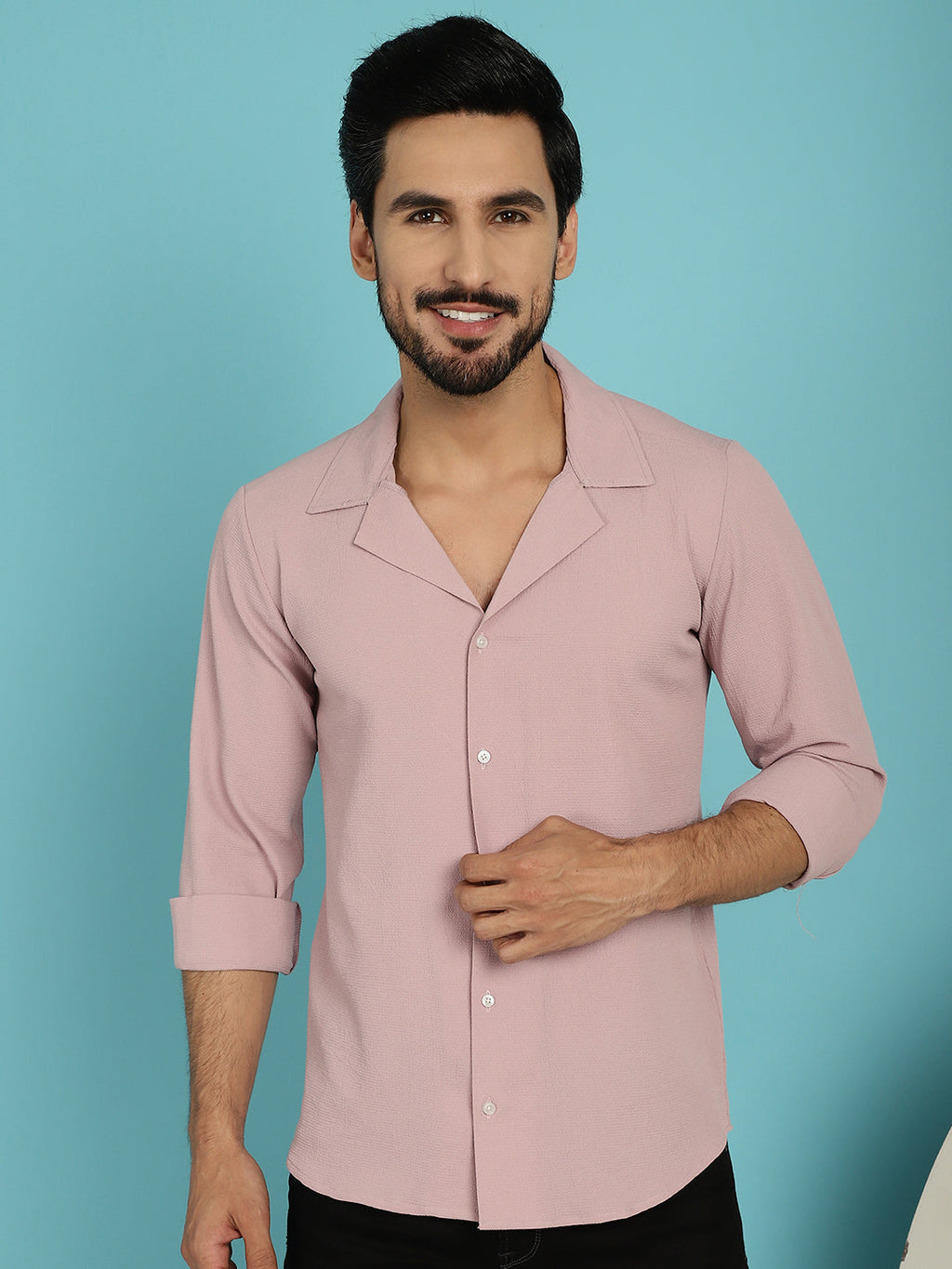 Indian Needle Men's Lapel Collar Casual Shirt - Magenta