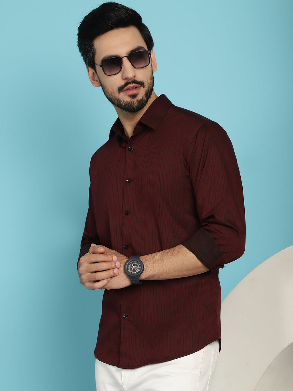 Indian Needle Men's Woven Design Casual Shirt - Maroon