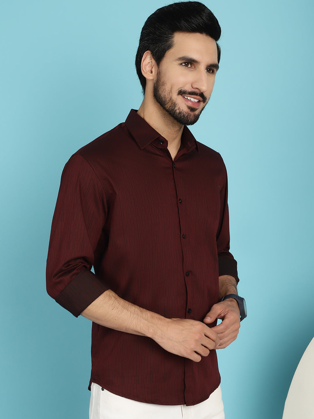 Indian Needle Men's Woven Design Casual Shirt - Maroon