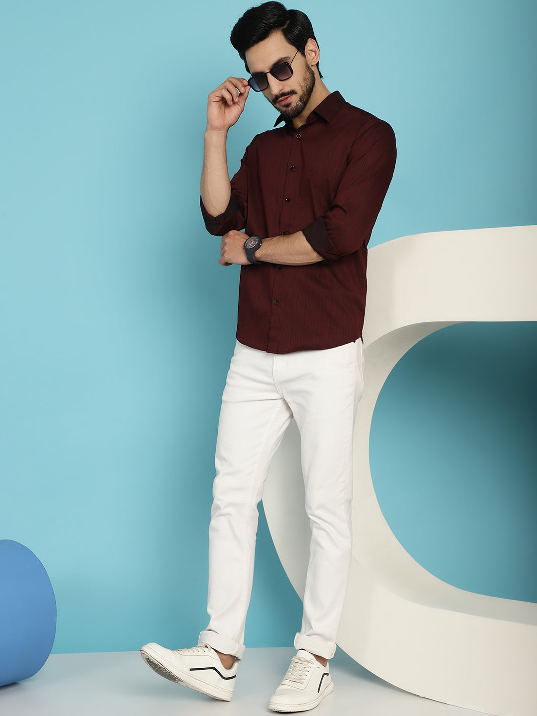 Indian Needle Men's Woven Design Casual Shirt - Maroon
