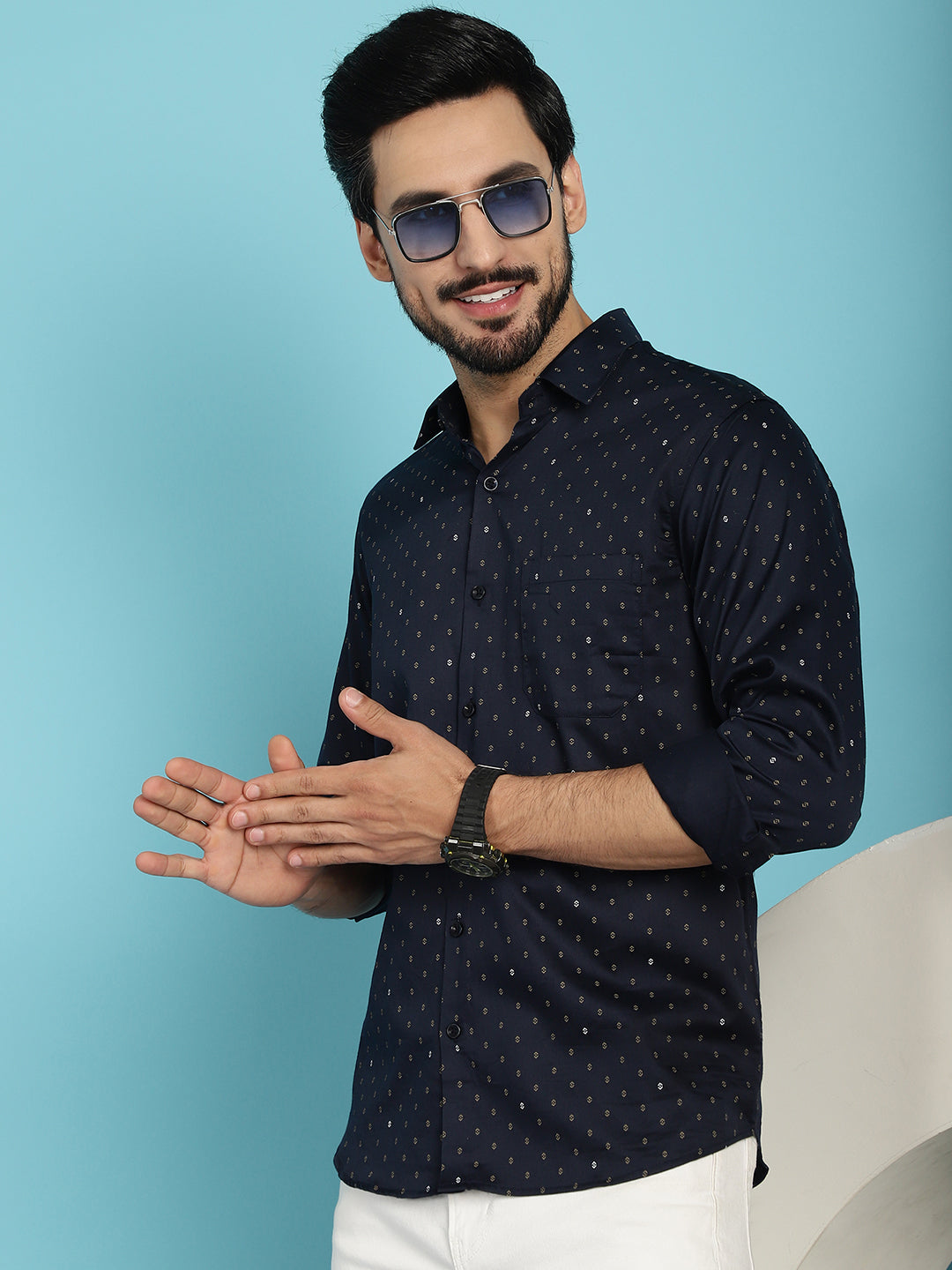 Indian Needle Men's Printed Casual Shirt - Navy Blue