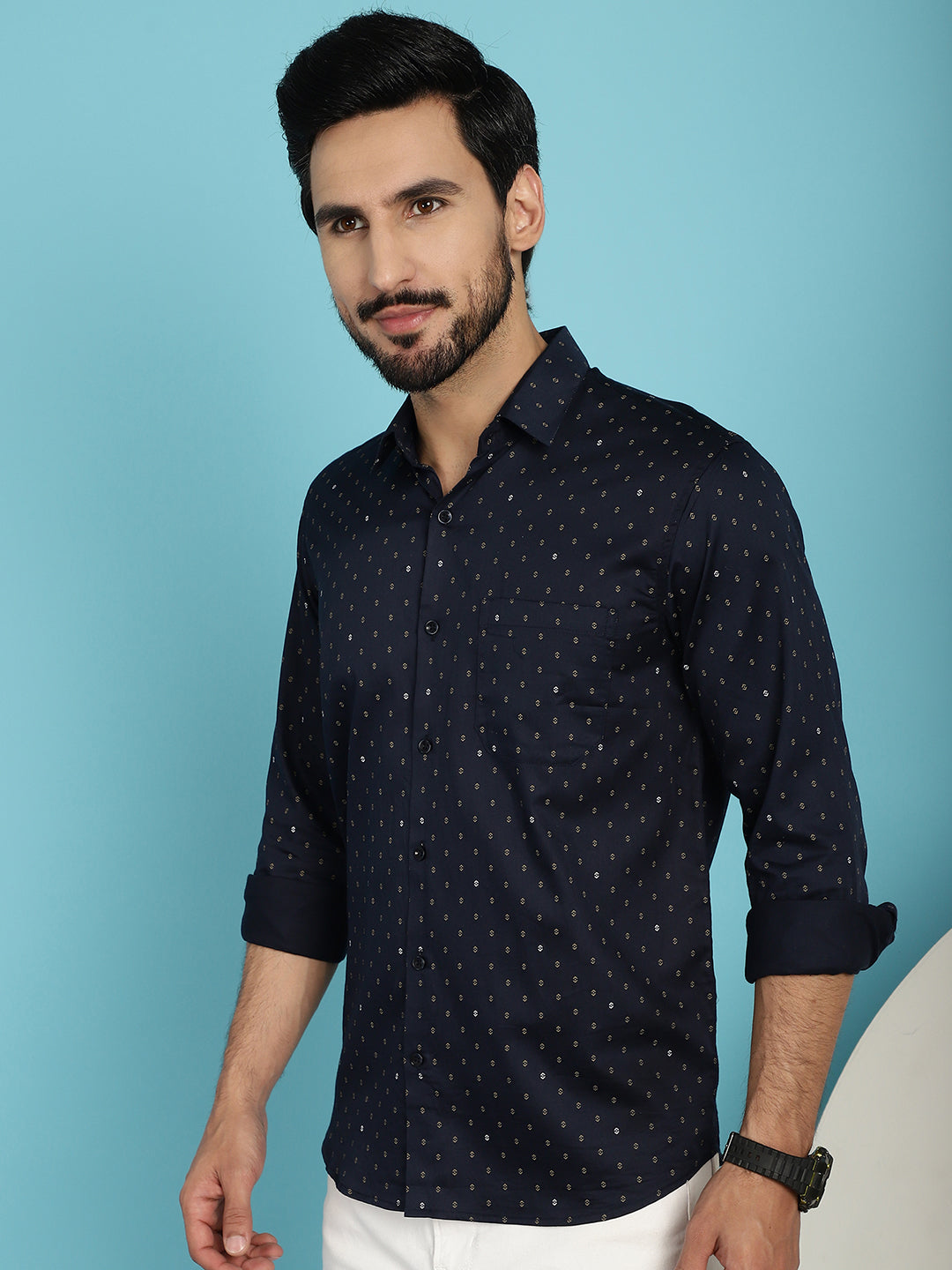 Indian Needle Men's Printed Casual Shirt - Navy Blue
