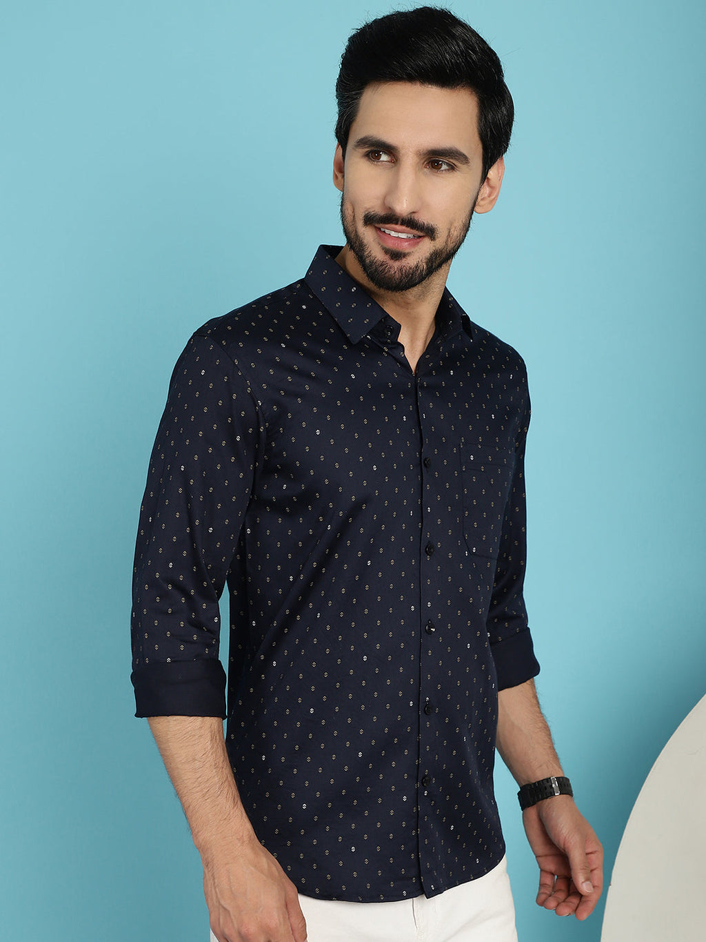 Indian Needle Men's Printed Casual Shirt - Navy Blue