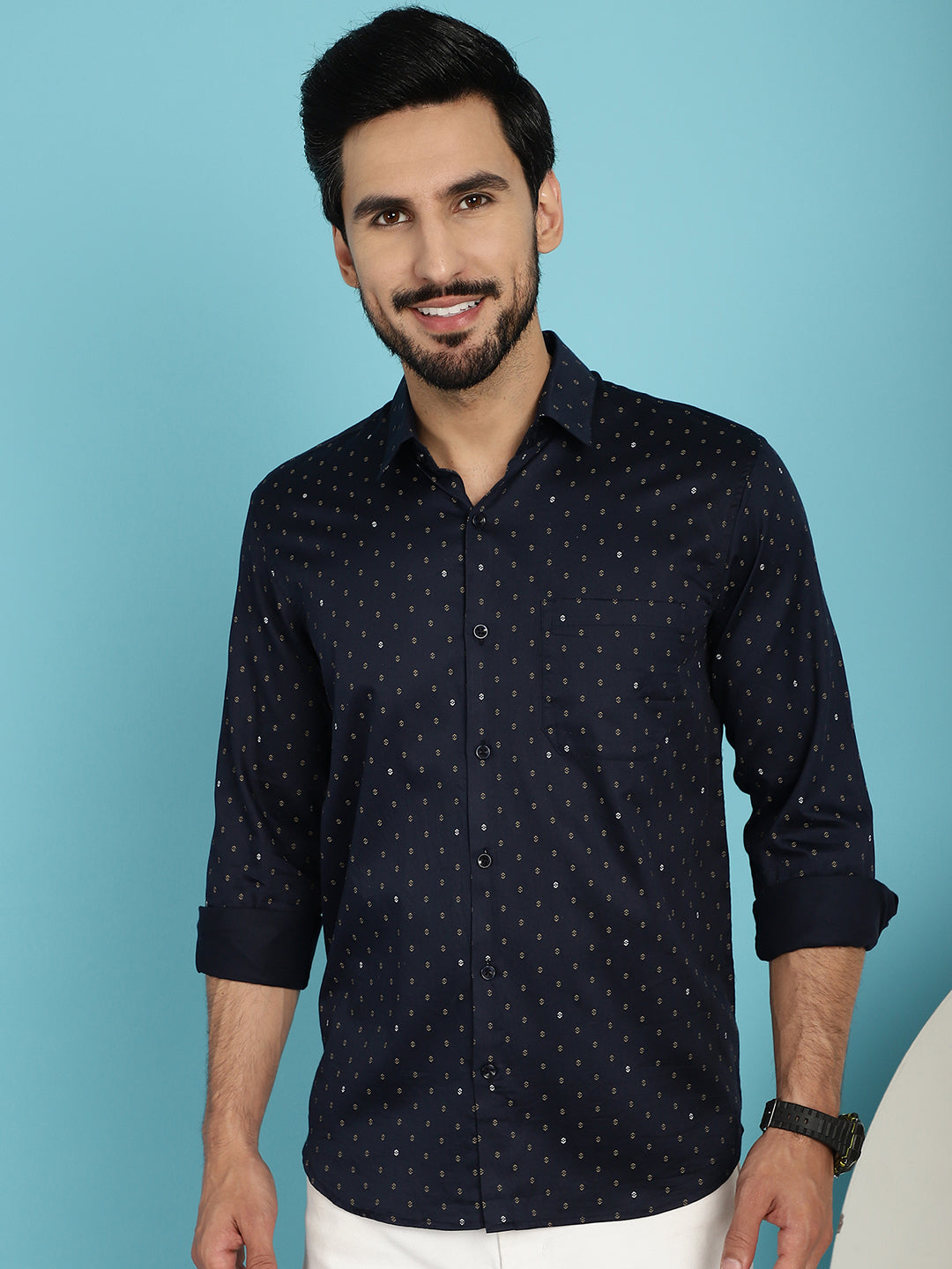 Indian Needle Men's Printed Casual Shirt - Navy Blue