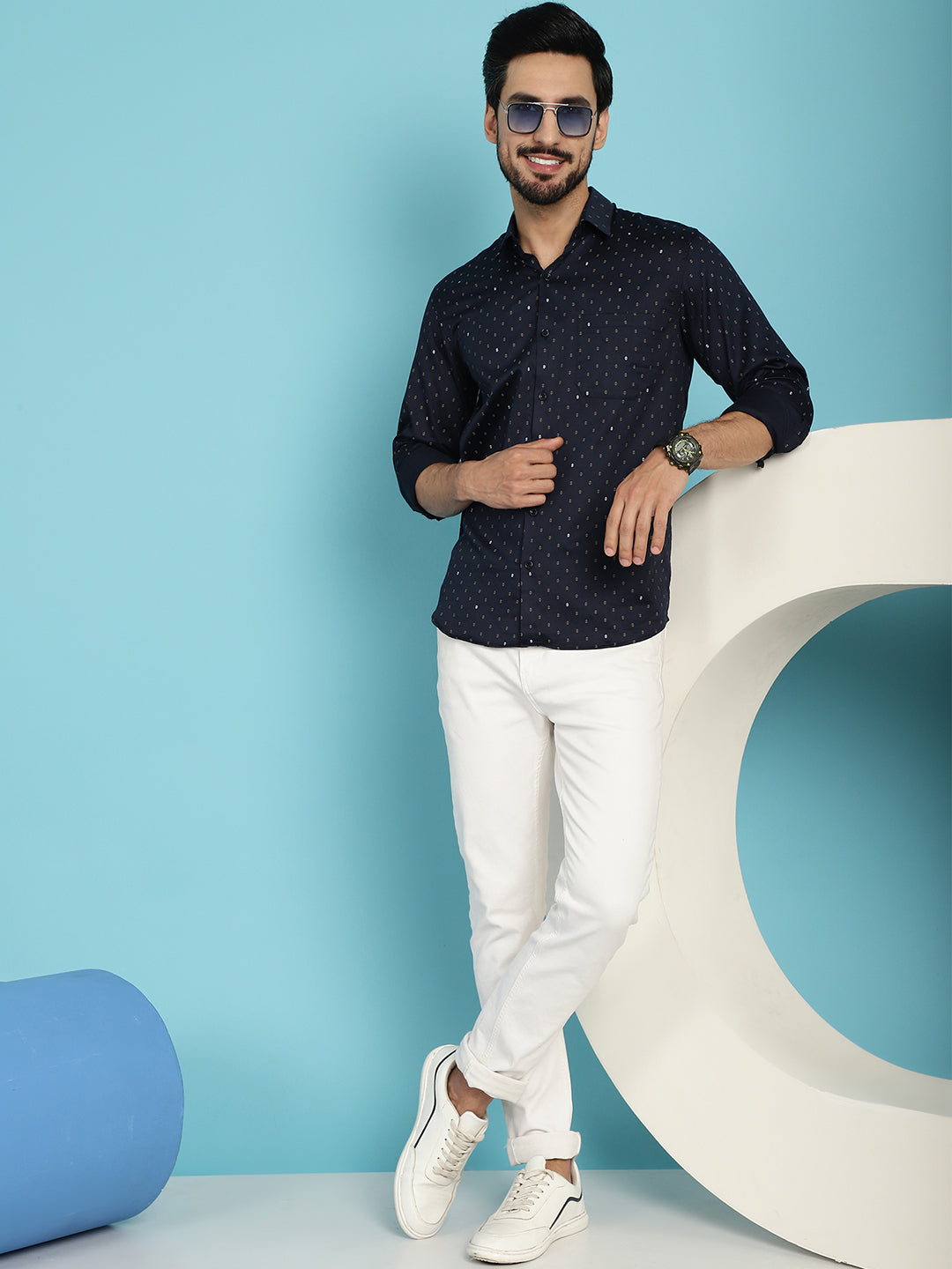 Indian Needle Men's Printed Casual Shirt - Navy Blue