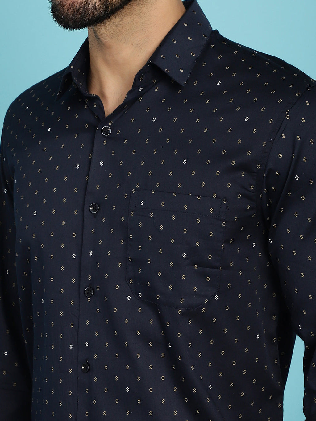 Indian Needle Men's Printed Casual Shirt - Navy Blue