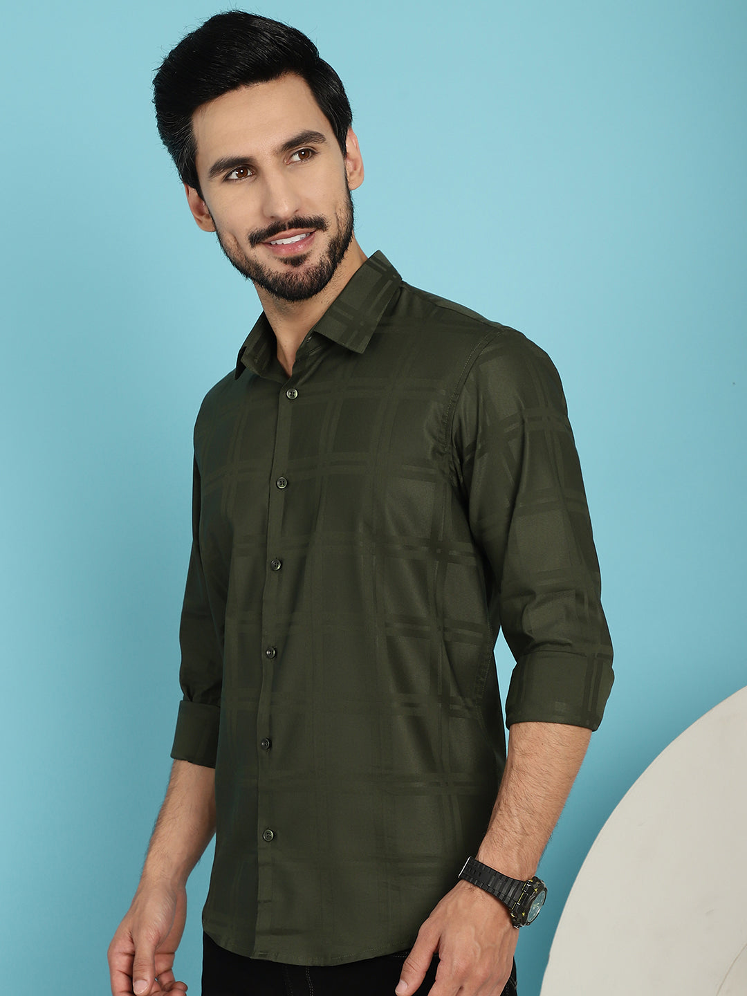 Indian Needle Men's Olive Green Checked Casual Shirt - Olive