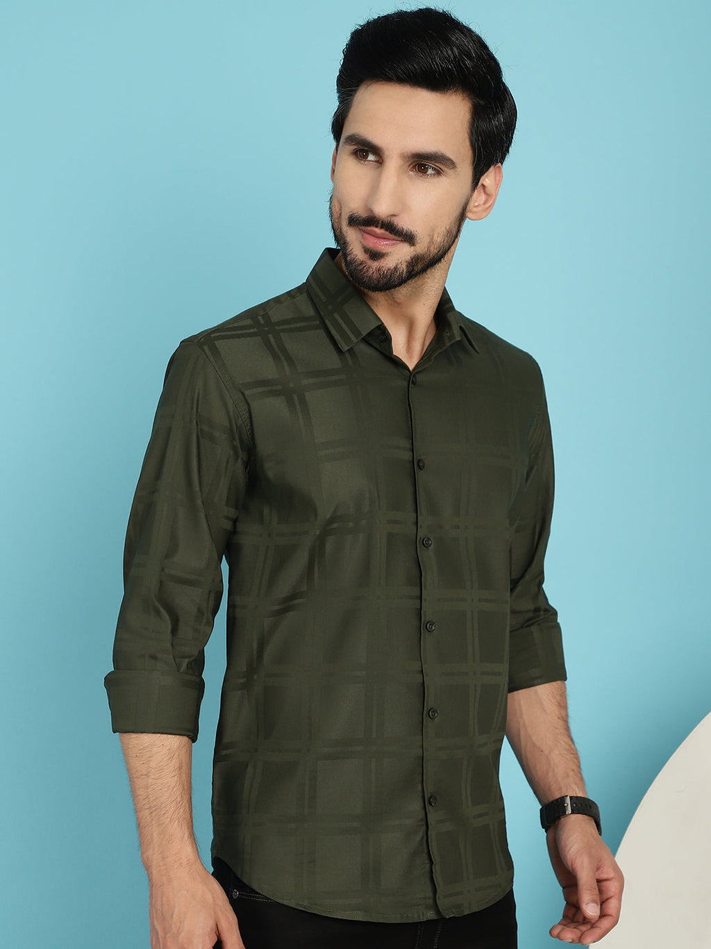 Indian Needle Men's Olive Green Checked Casual Shirt - Olive