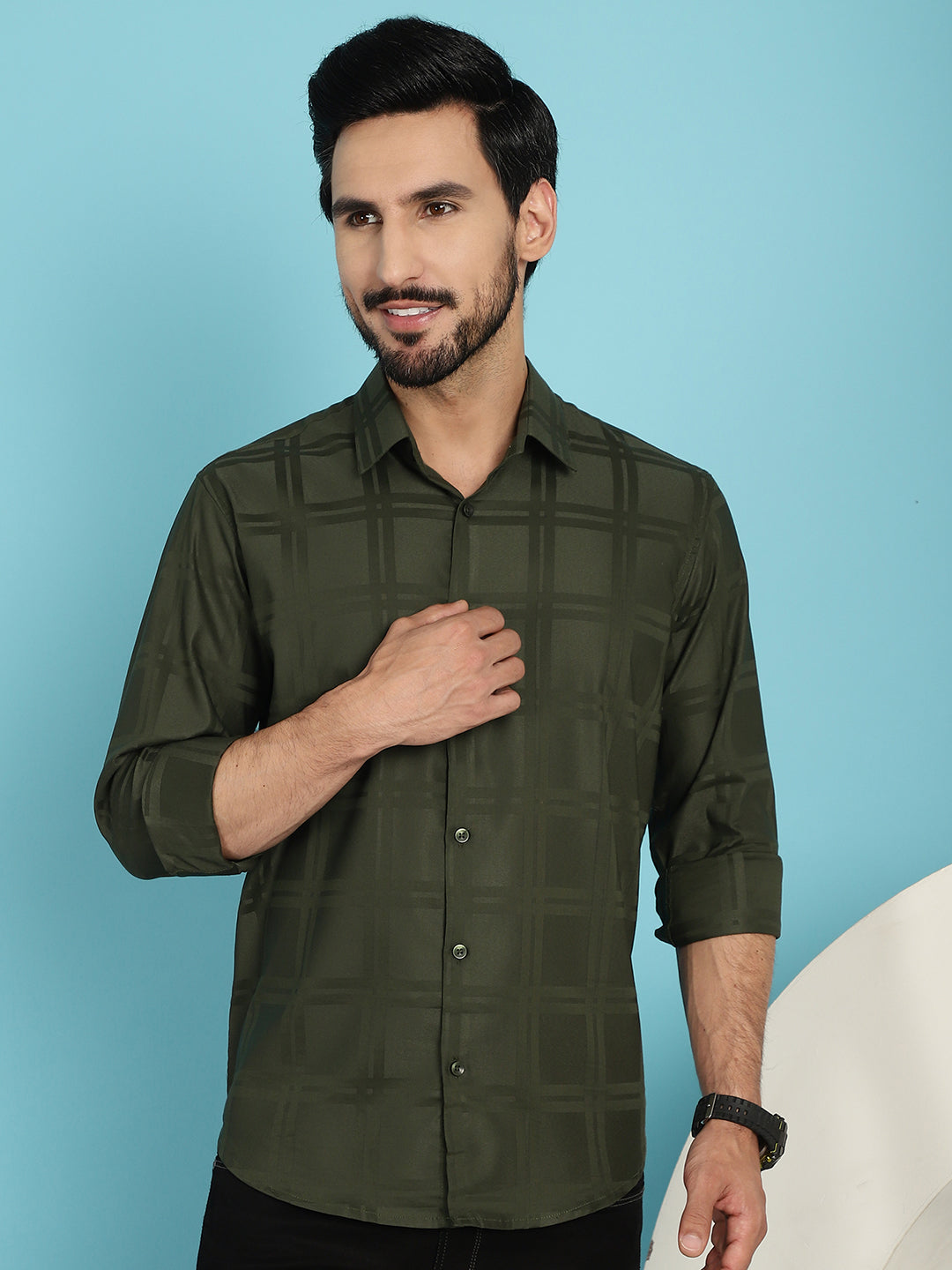 Indian Needle Men's Olive Green Checked Casual Shirt - Olive