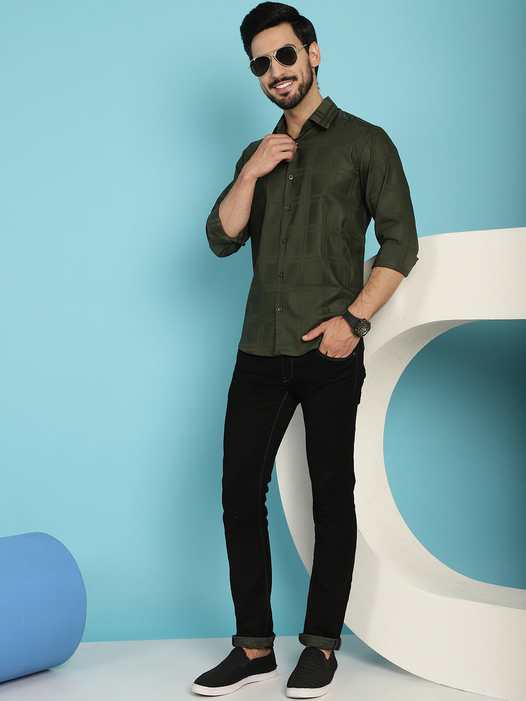 Indian Needle Men's Olive Green Checked Casual Shirt - Olive