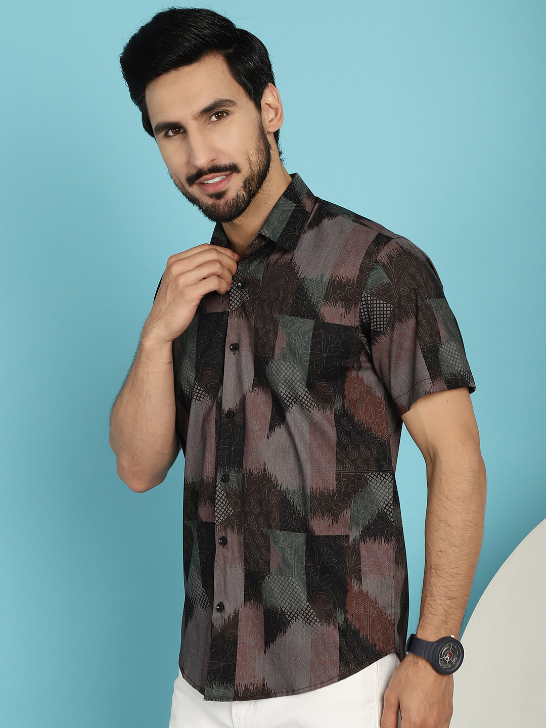 Indian Needle Men's Floral Printed Casual Shirt - Brown