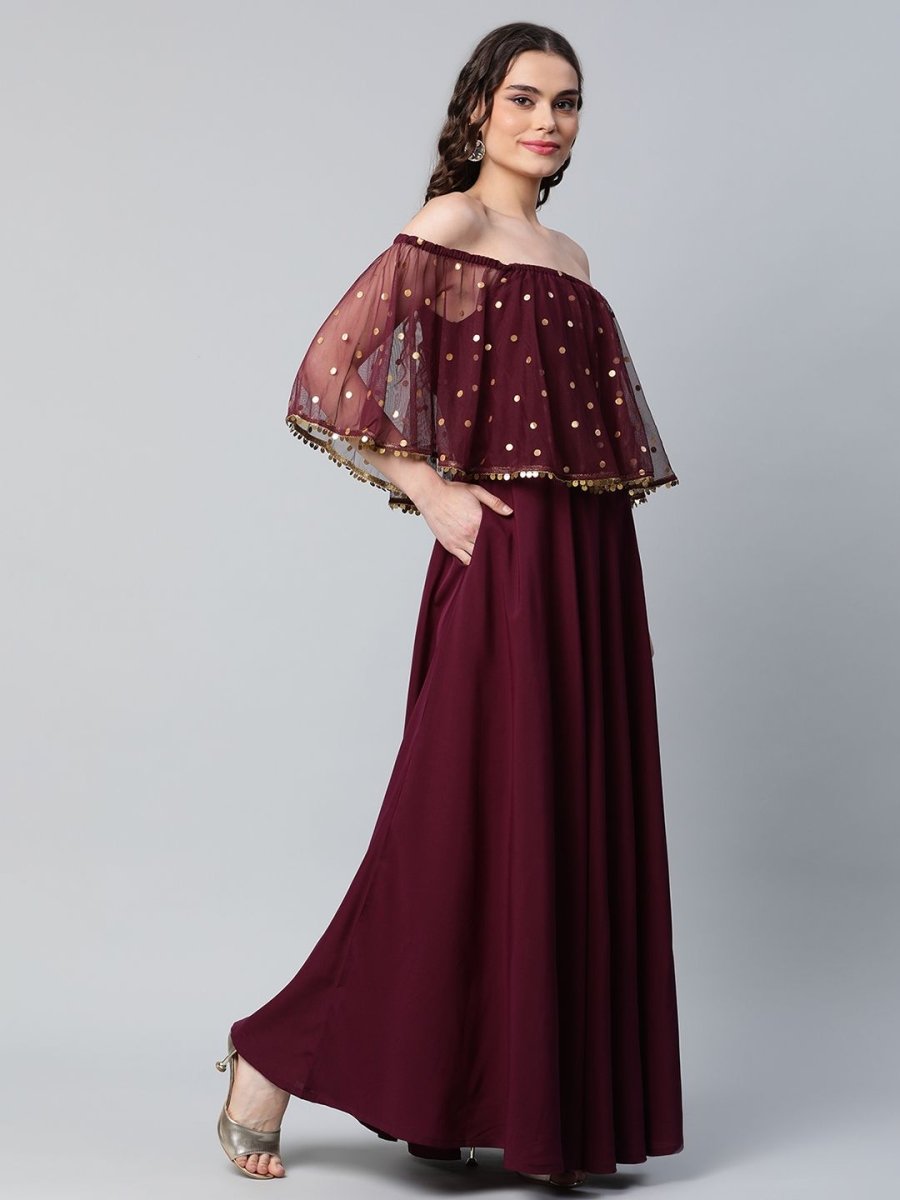 Ahalyaa Women Wine Colour Crepe & Net Gold Printed Dress