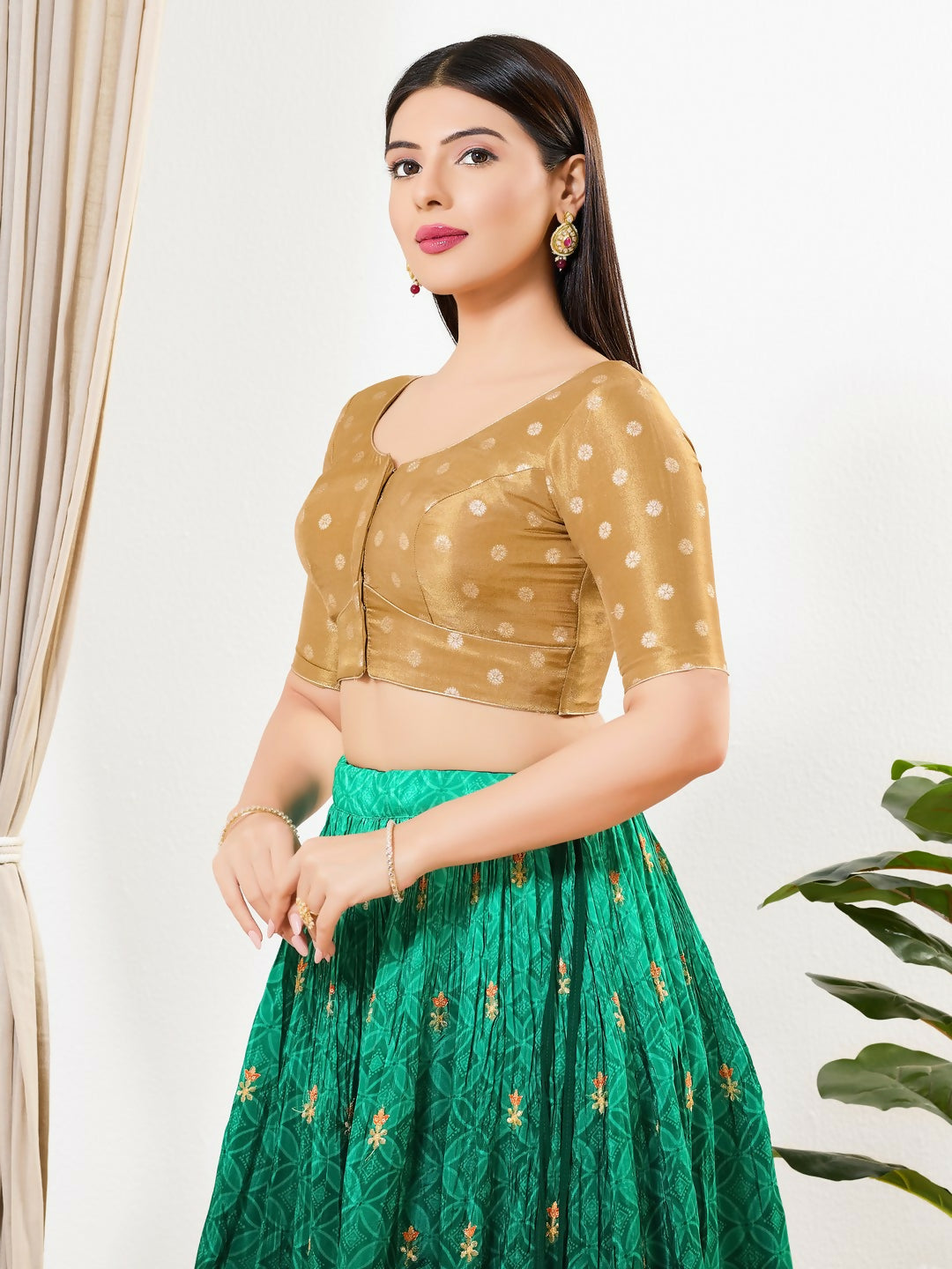 Joban Fashion Gold Tissue Padded Blouse With Round Neck Elbow Sleeves