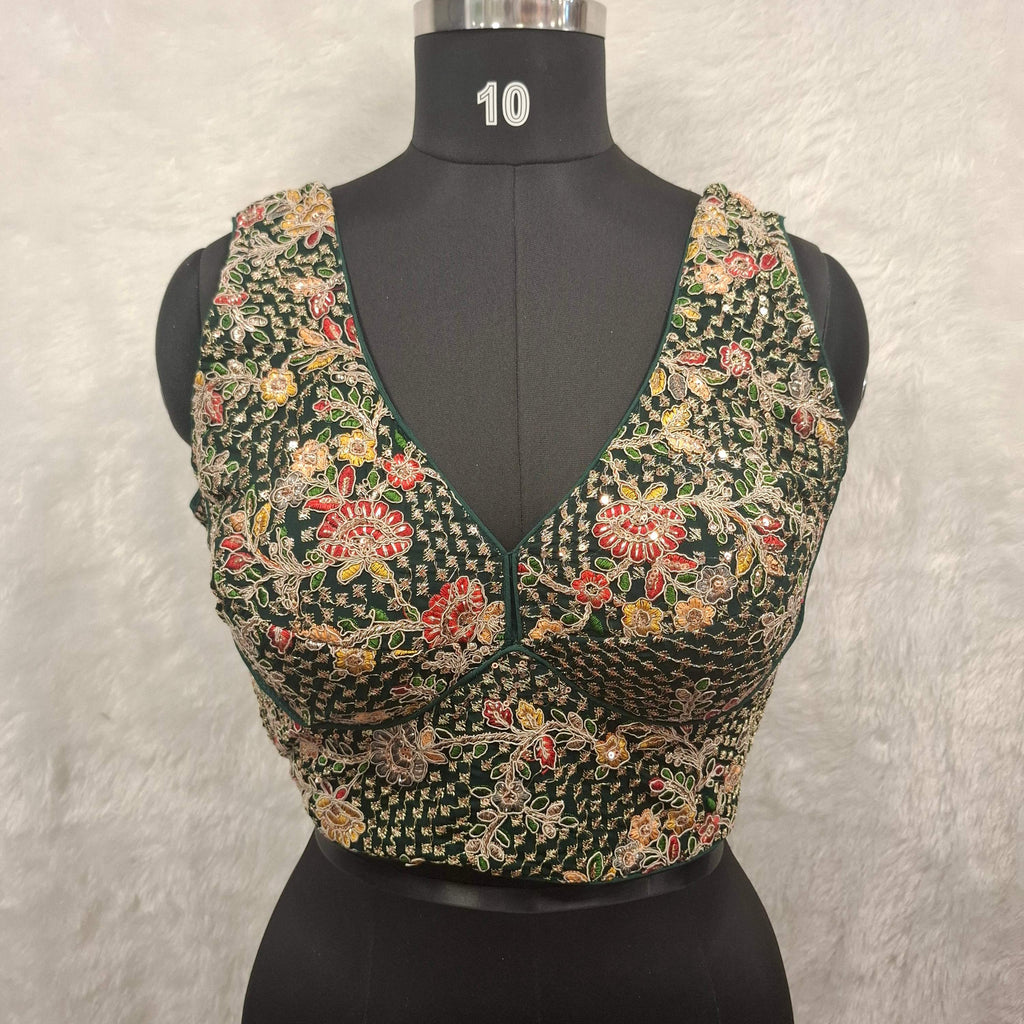 Kia Fashions Bottle Green Georgette Multi Color Emb & Sqn Readymade Blouse