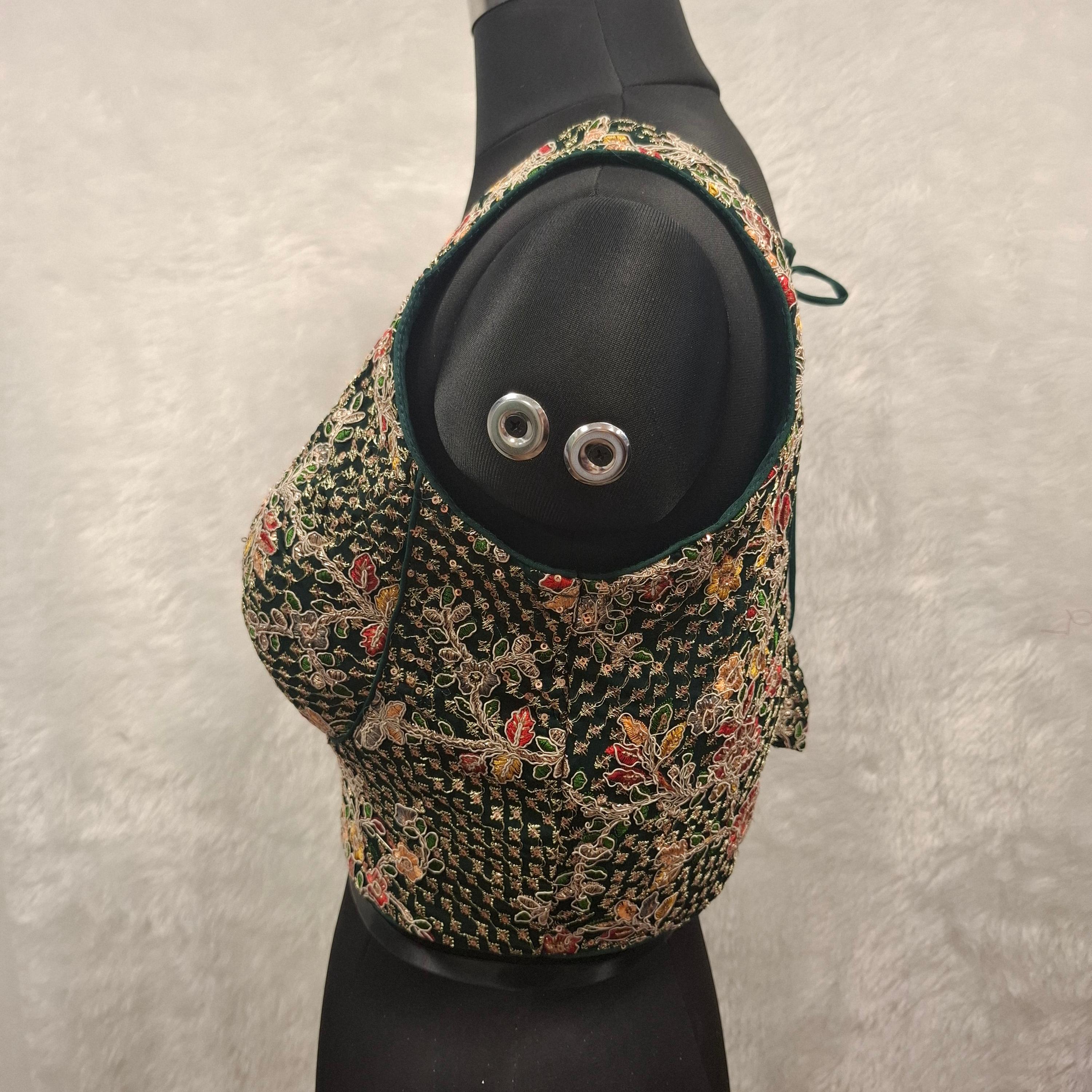 Kia Fashions Bottle Green Georgette Multi Color Emb & Sqn Readymade Blouse