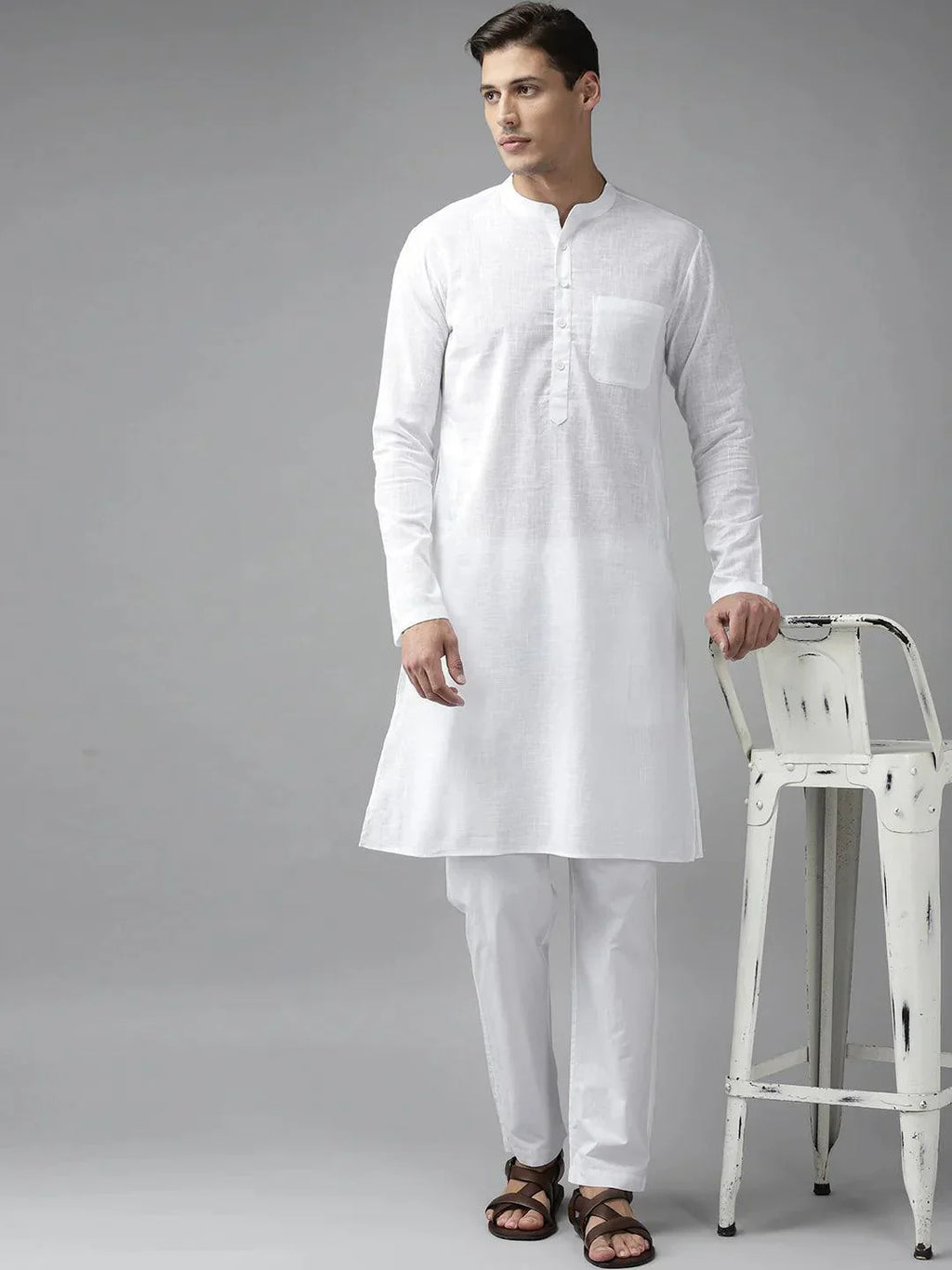 Fabmade Men White Cotton Linen Kurta Pyjama