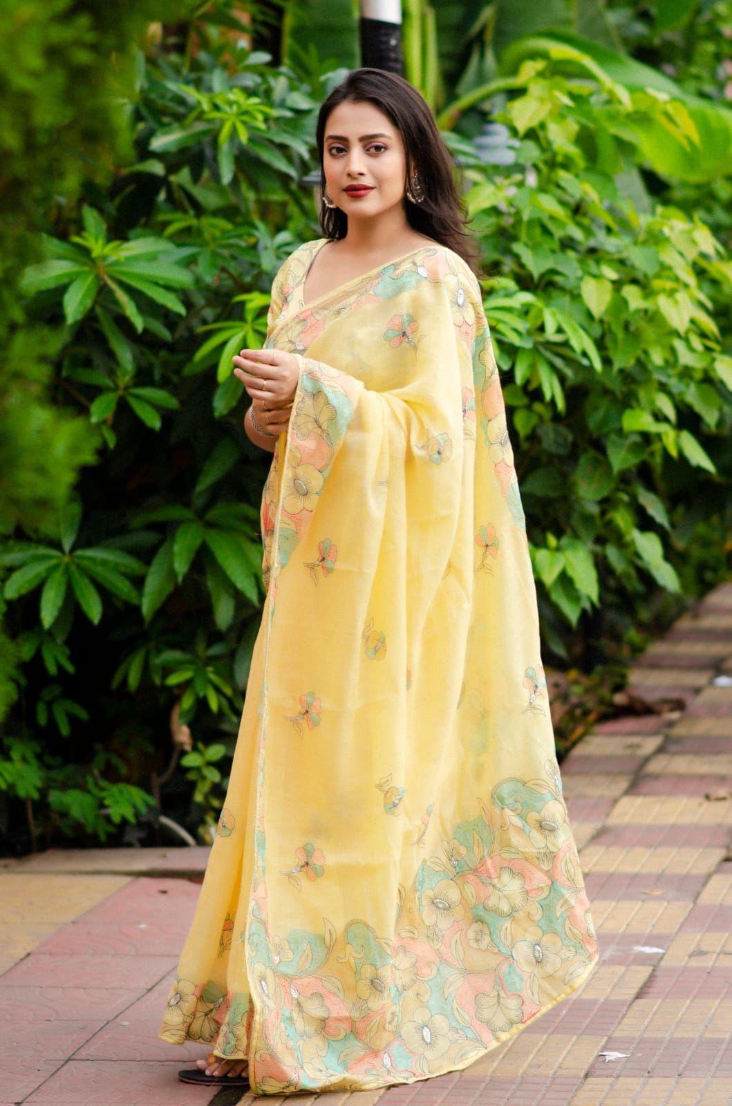 Yellow Pure Linen Ethnic Motifs Saree with Unstitched Blouse - A2M