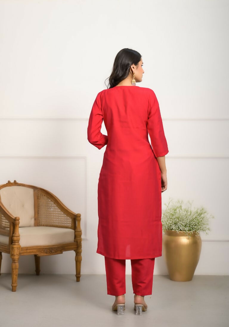 Festive Wear Ethnic Red Viscose Chanderi Stitched Suit With Dupatta - Tanisha