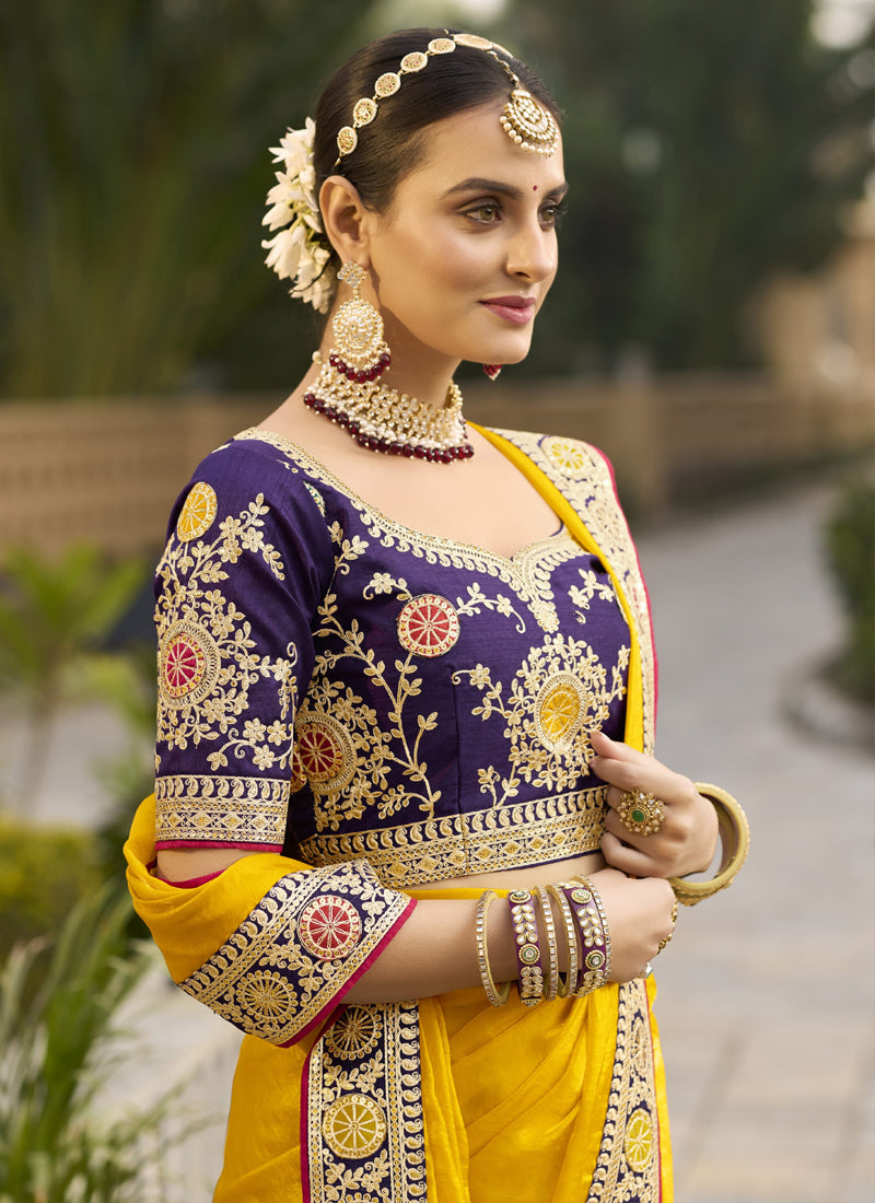 Vegaa Fashion Yellow Georgette Embroidered Wedding Wear Saree