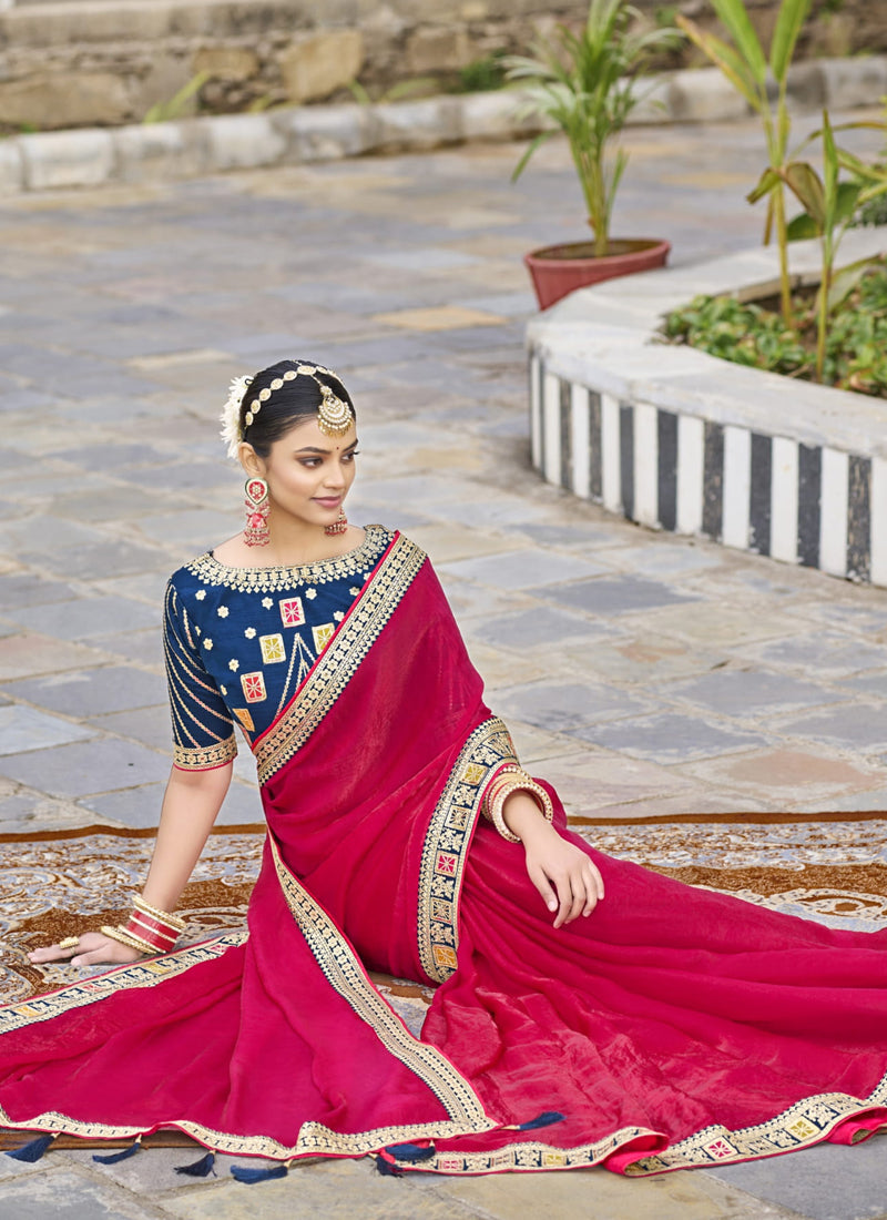 Vegaa Fashion Red Georgette Embroidered Wedding Wear Saree
