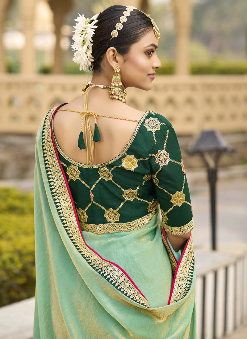 Vegaa Fashion Light Green Georgette Embroidered Wedding Wear Saree