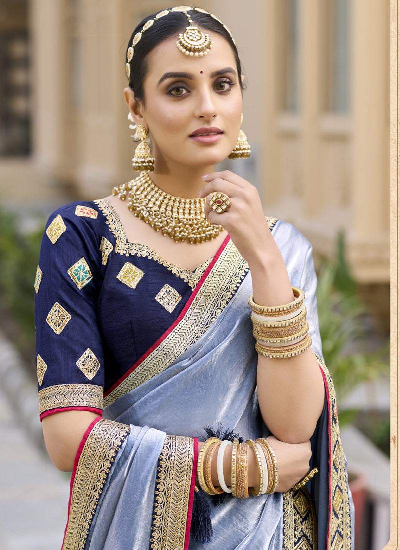 Vegaa Fashion Lavender Georgette Embroidered Wedding Wear Saree