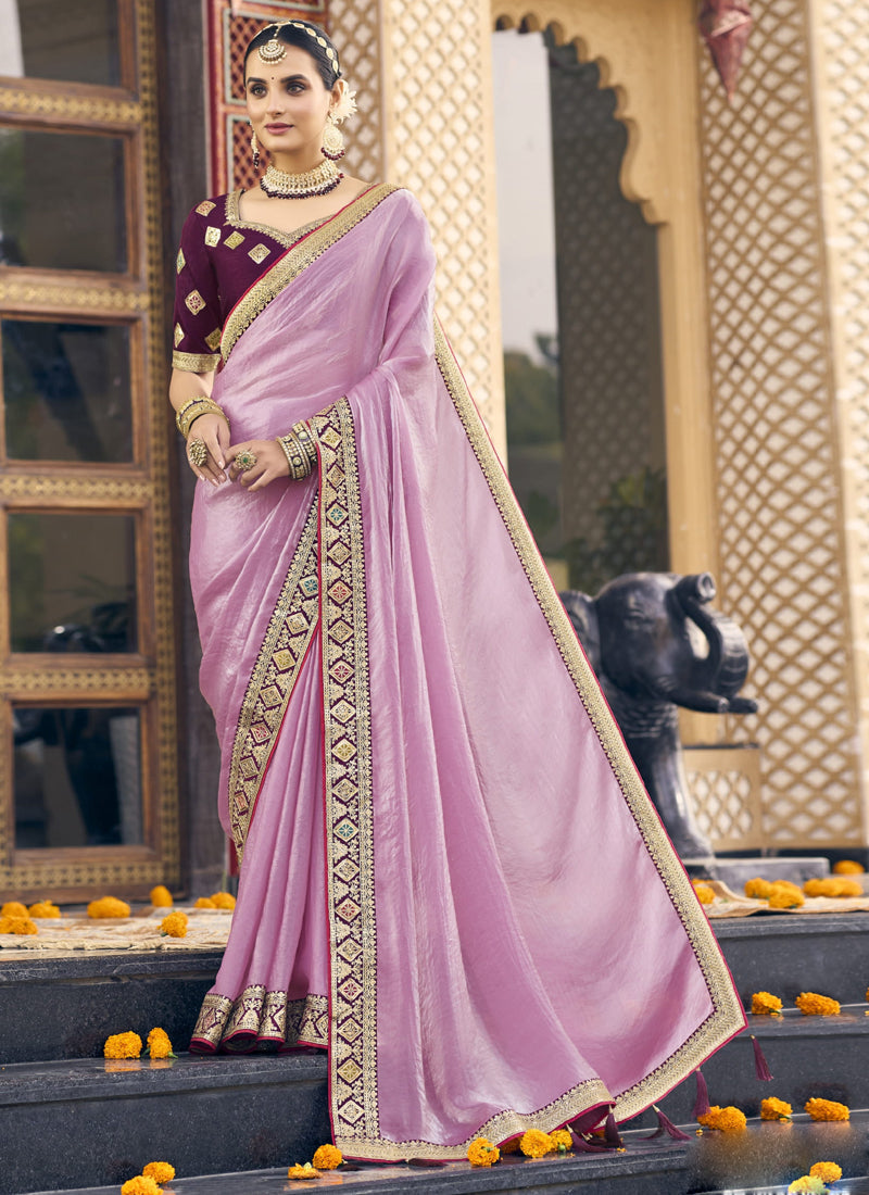 Vegaa Fashion Light Pink Georgette Embroidered Wedding Wear Saree