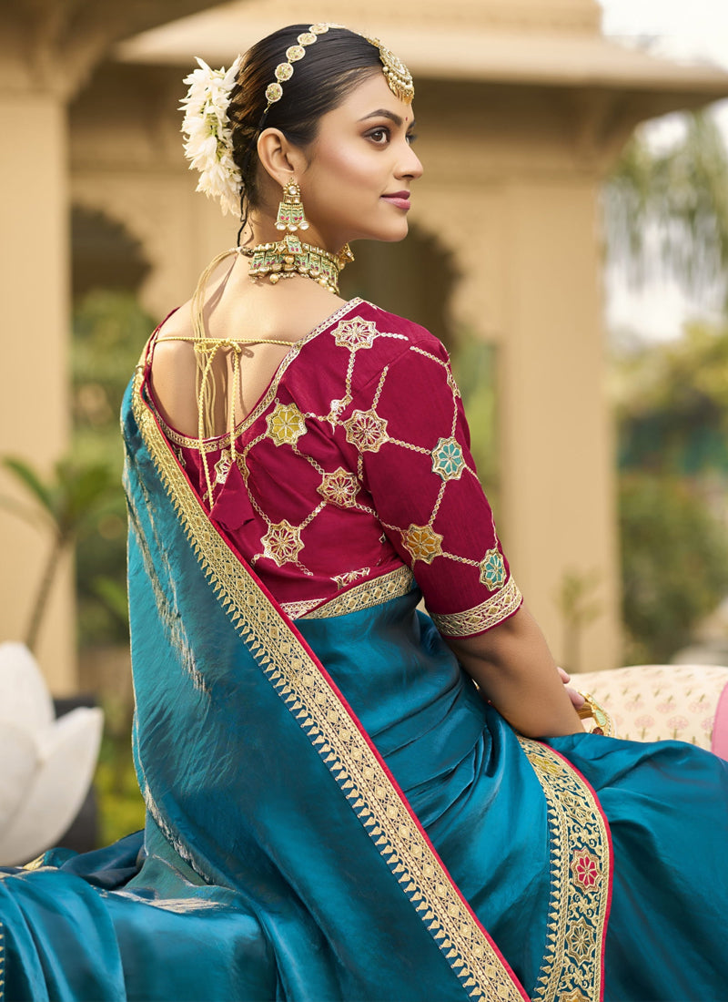 Vegaa Fashion Aqua Blue Georgette Embroidered Wedding Wear Saree