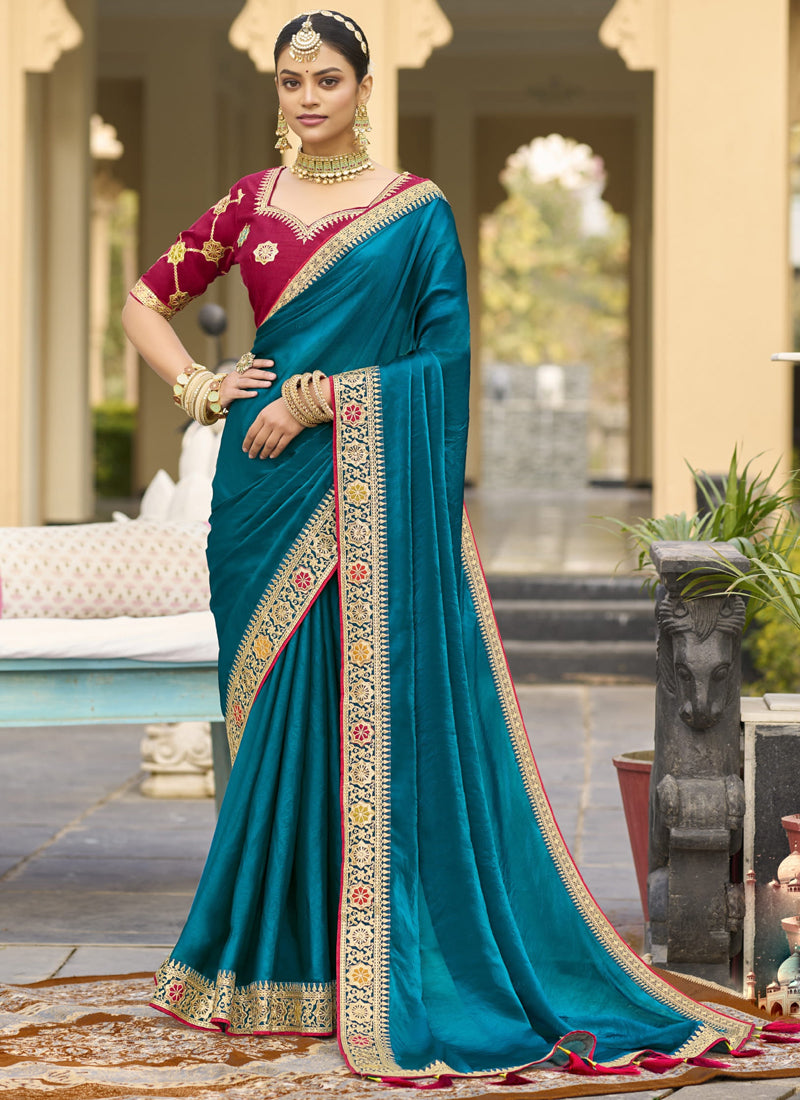Vegaa Fashion Aqua Blue Georgette Embroidered Wedding Wear Saree