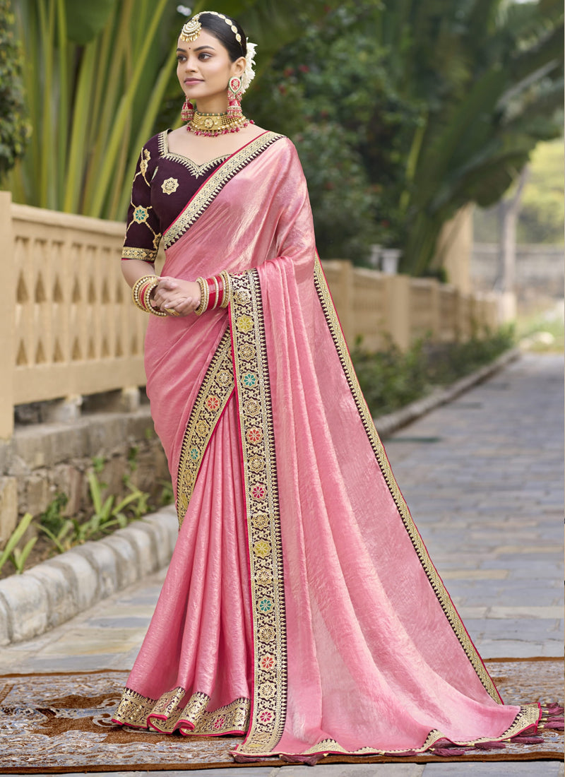 Vegaa Fashion Peach Georgette Embroidered Wedding Wear Saree