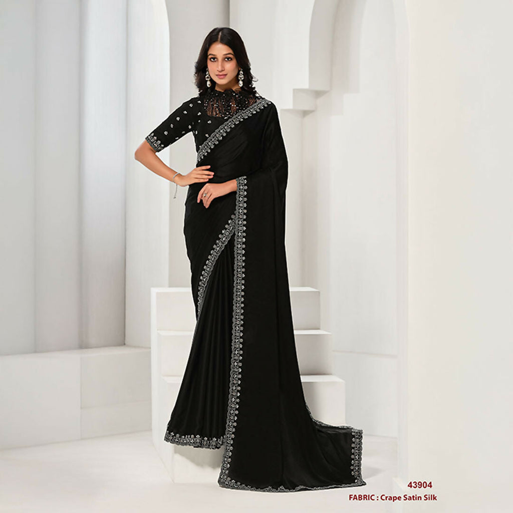 Black Crepe Satin Silk Sequence & Handwork Saree With Unstitched Blouse - Norita Saanjh