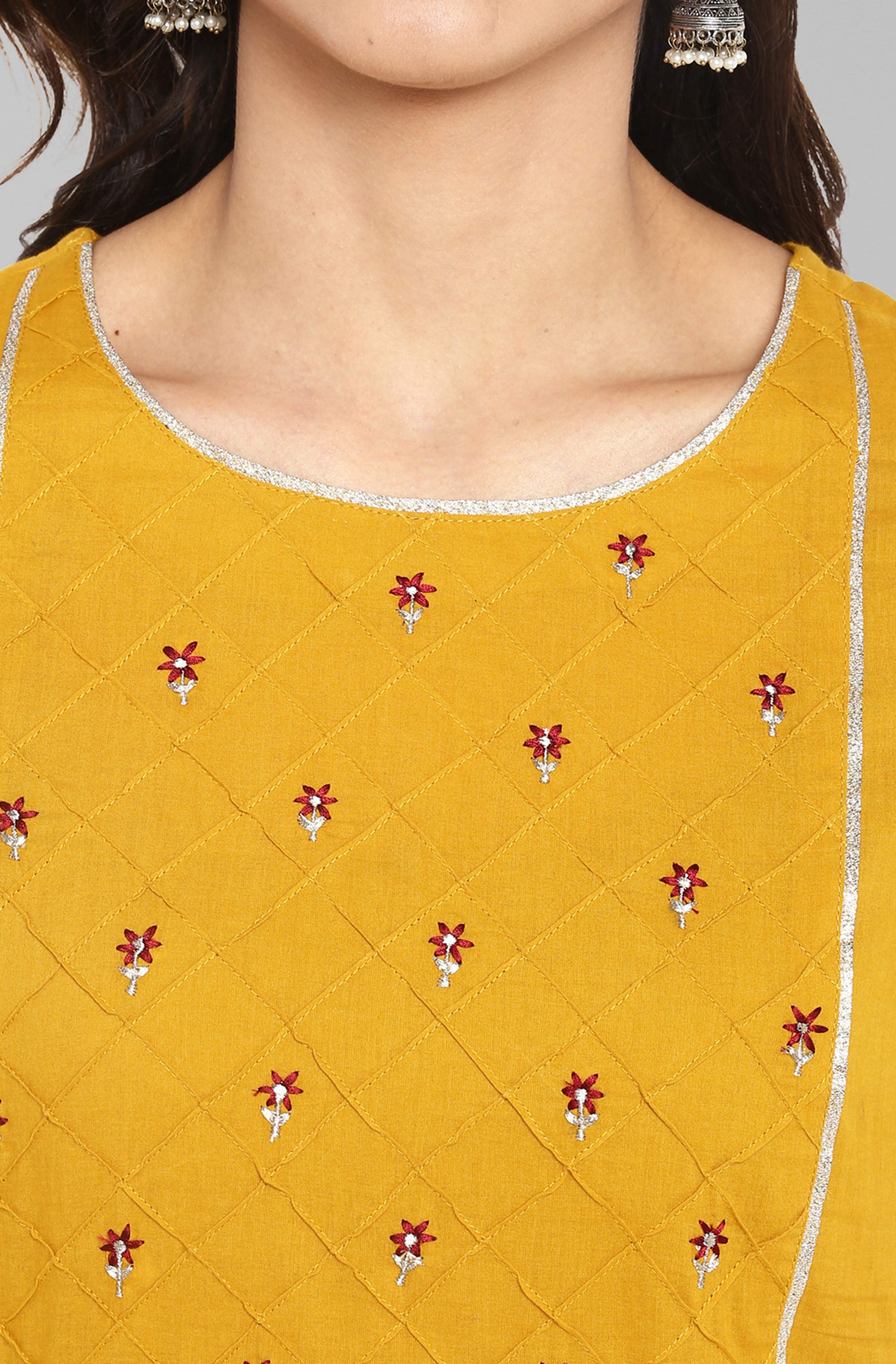 Janasya Women's Mustard Cotton Embroidered Kurta With Palazzo