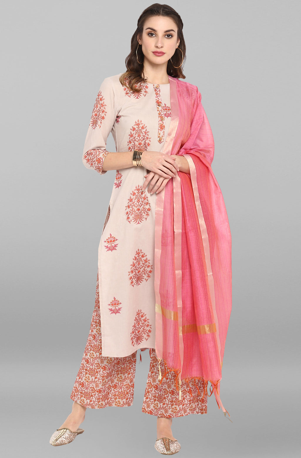 Janasya Women's Lilac Cotton Block Print Kurta With Palazzo And Dupatta