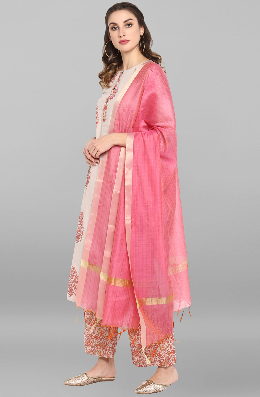Janasya Women's Lilac Cotton Block Print Kurta With Palazzo And Dupatta