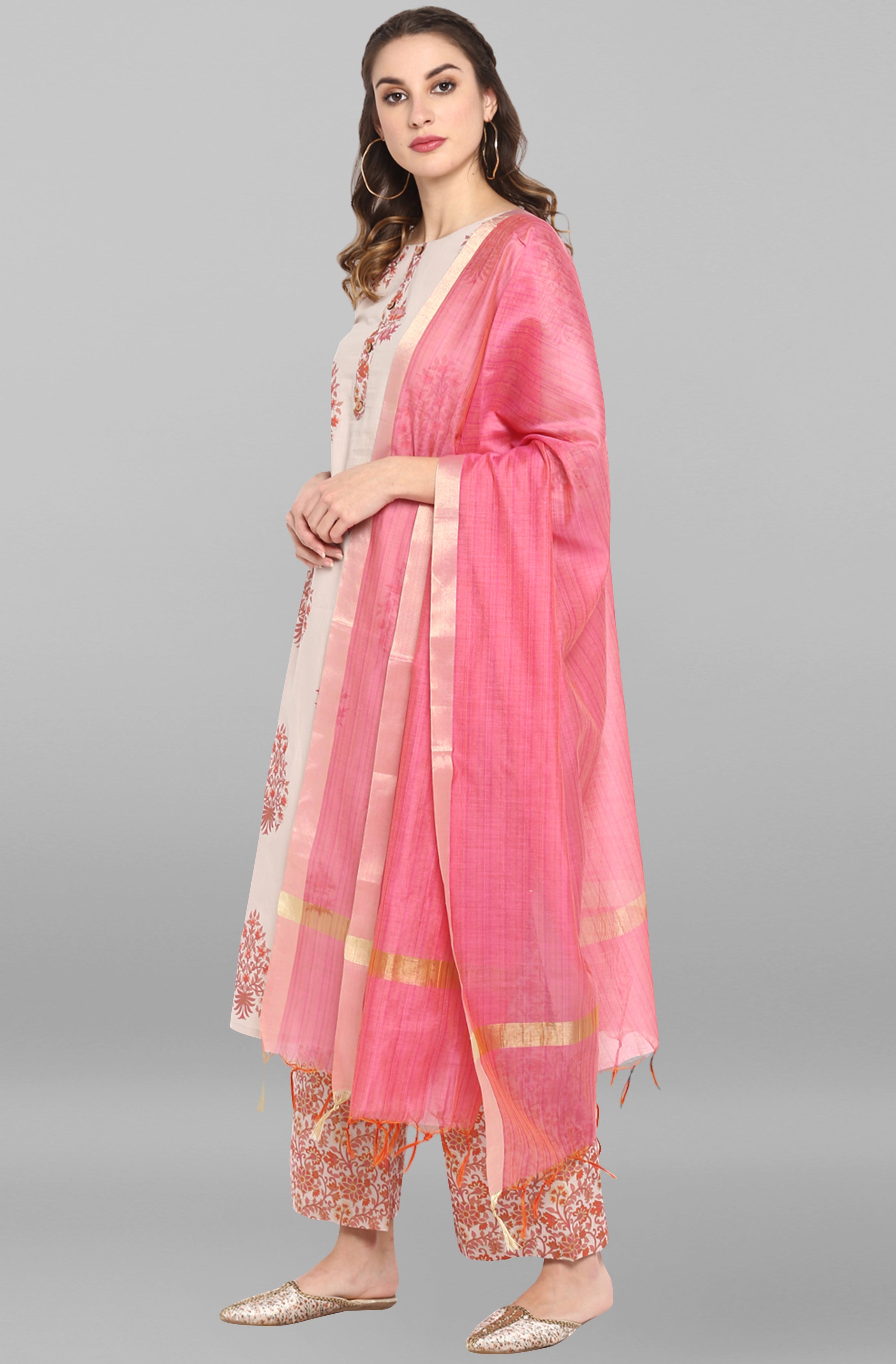 Janasya Women's Lilac Cotton Block Print Kurta With Palazzo And Dupatta