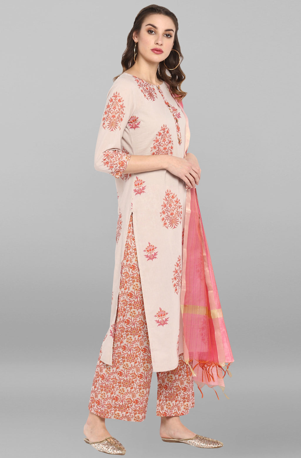 Janasya Women's Lilac Cotton Block Print Kurta With Palazzo And Dupatta
