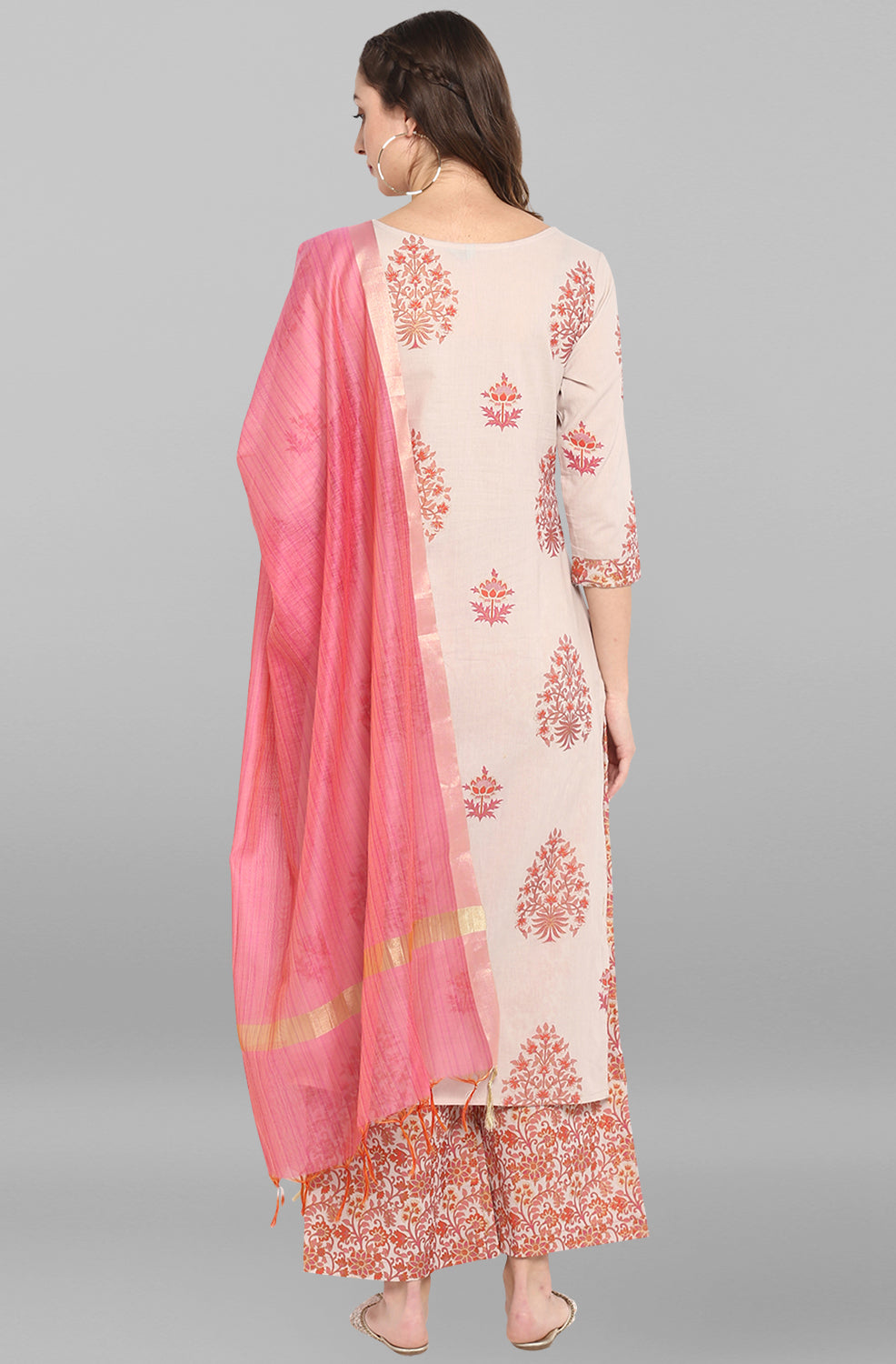 Janasya Women's Lilac Cotton Block Print Kurta With Palazzo And Dupatta