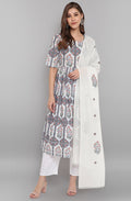 Janasya Women's White Cotton Botanical Print Kurta With Palazzo And Dupatta