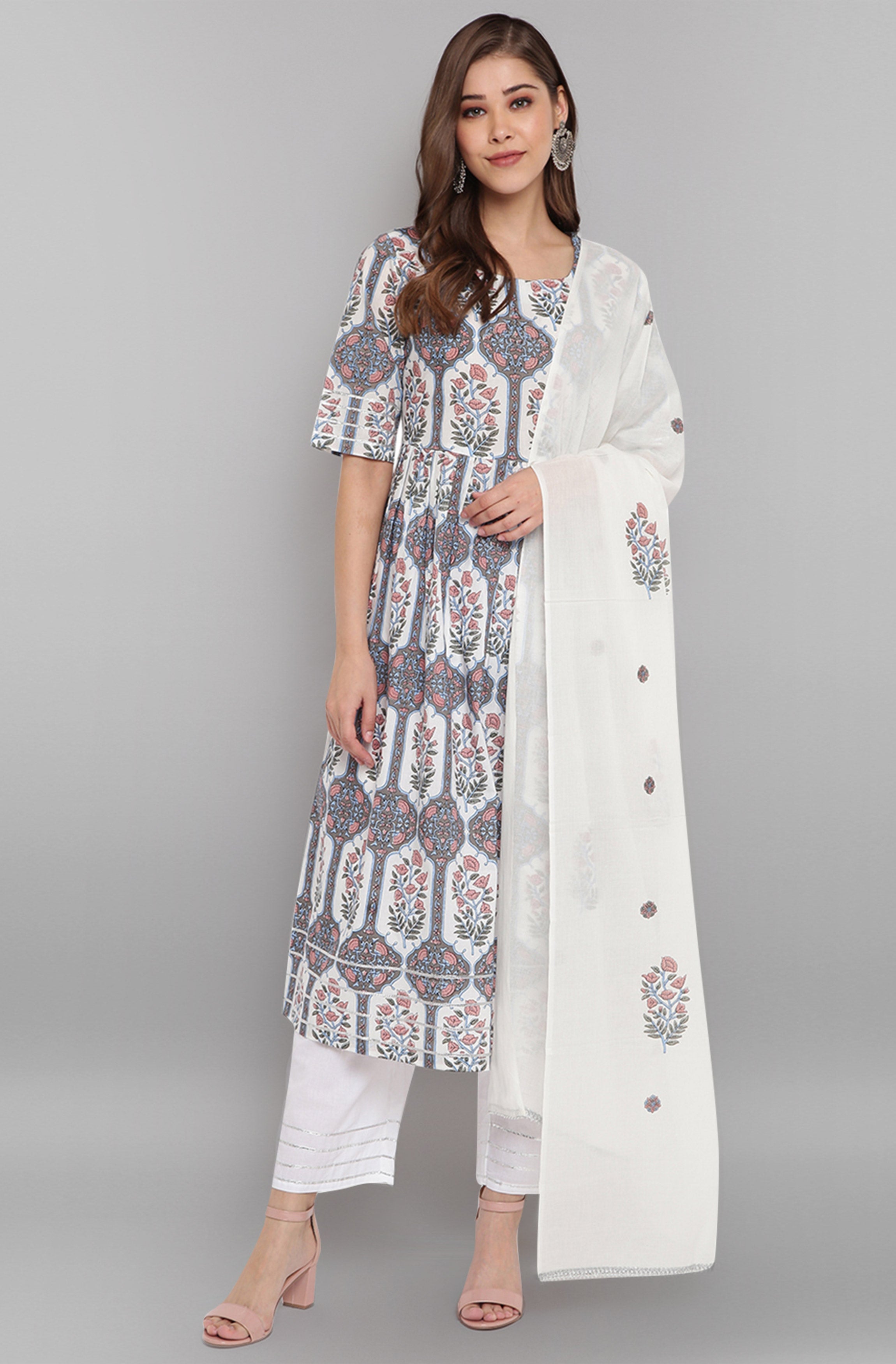 Janasya Women's White Cotton Botanical Print Kurta With Palazzo And Dupatta