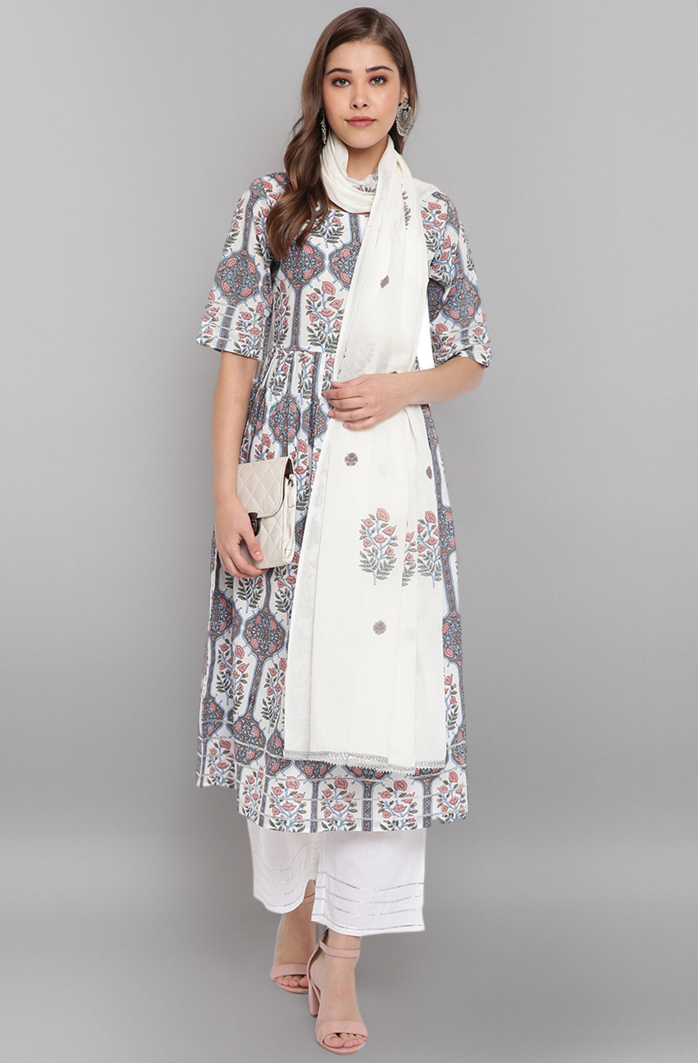 Janasya Women's White Cotton Botanical Print Kurta With Palazzo And Dupatta