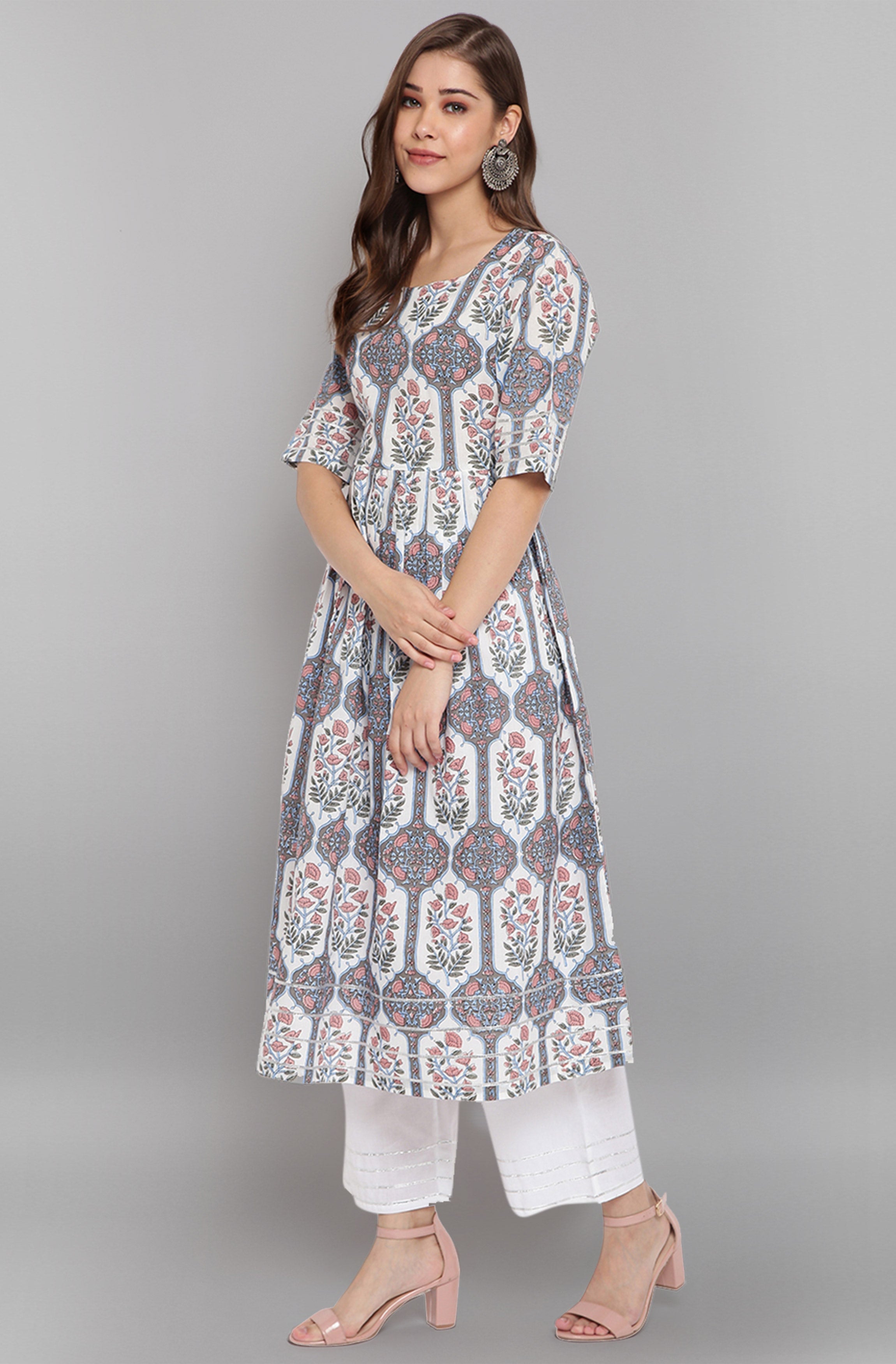 Janasya Women's White Cotton Botanical Print Kurta With Palazzo And Dupatta